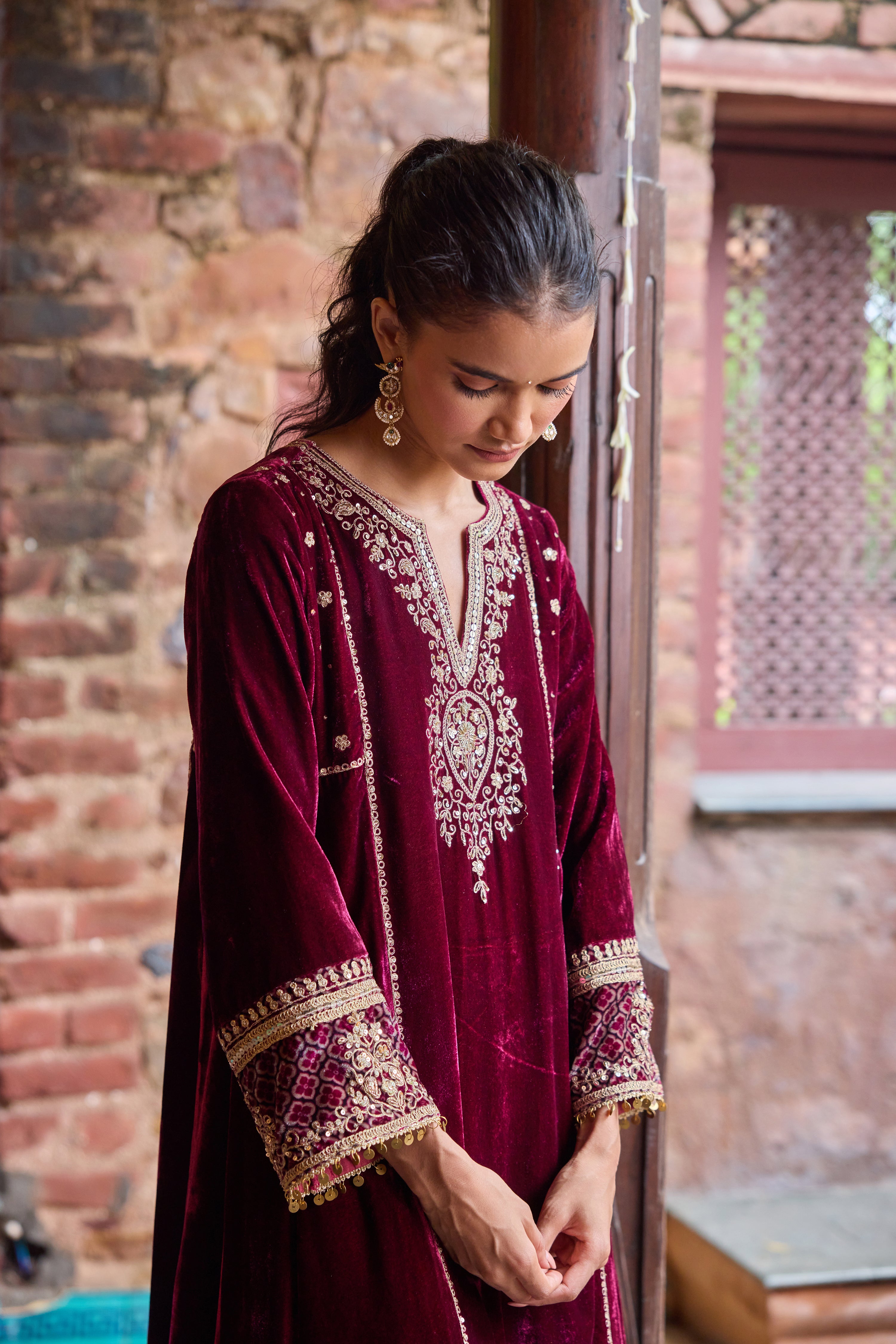 Mitali Wadhwa in Ziyana Plum Embroidered Silk Velvet A-Line Kurta Set