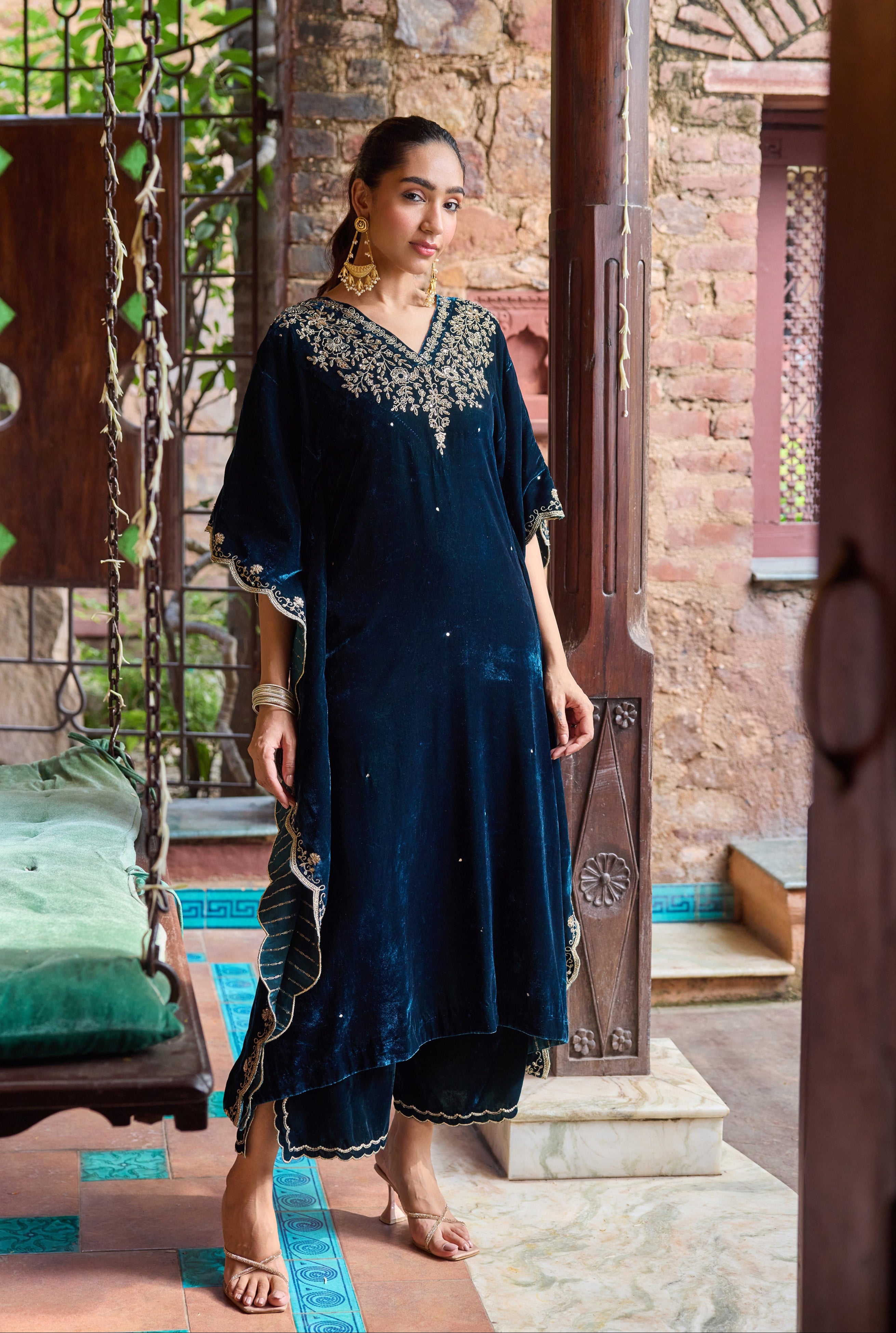 Firoz Midnight Blue Embroidered Silk Velvet Kaftan Set (READY TO SHIP)