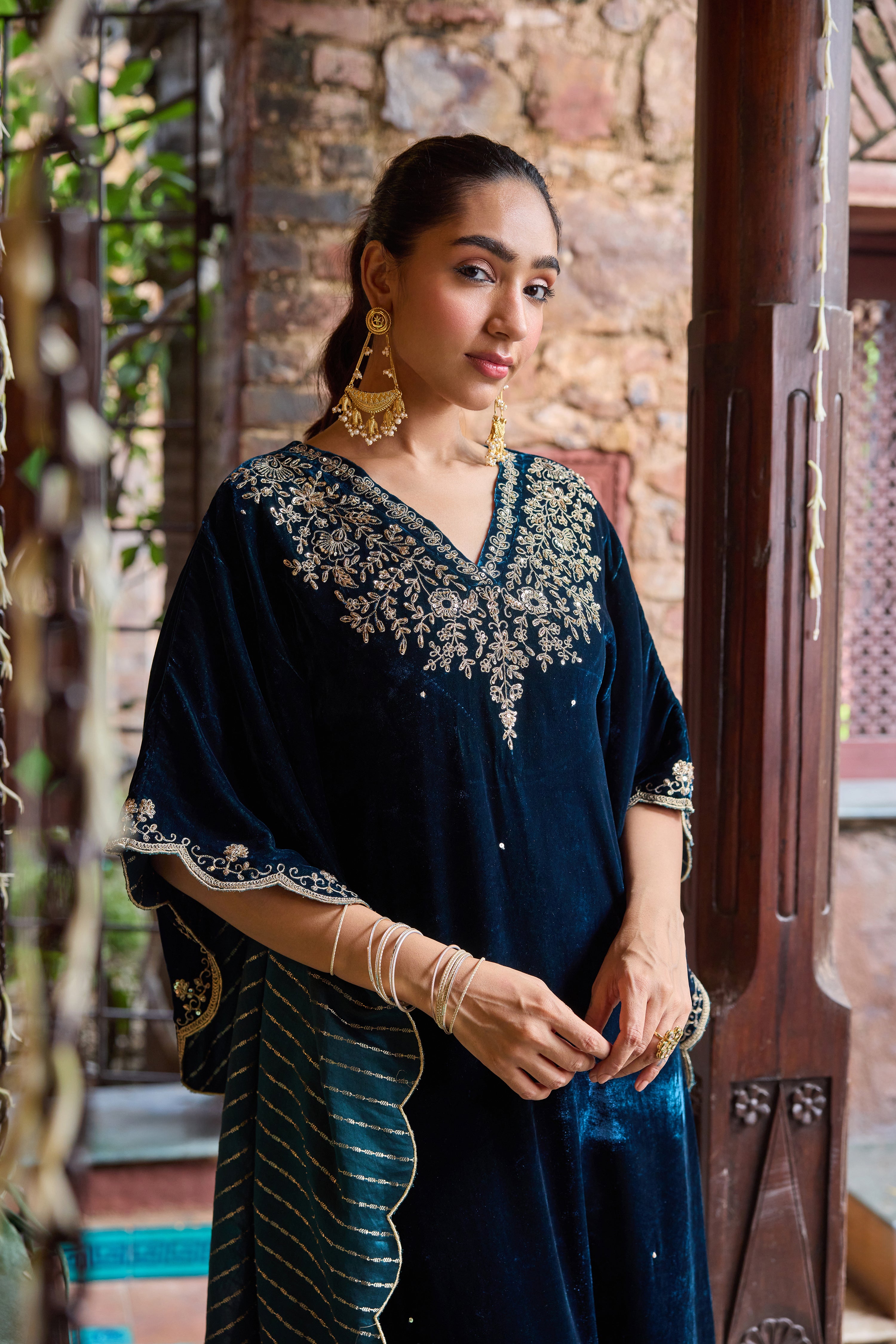 Firoz Midnight Blue Embroidered Silk Velvet Kaftan Set (READY TO SHIP)