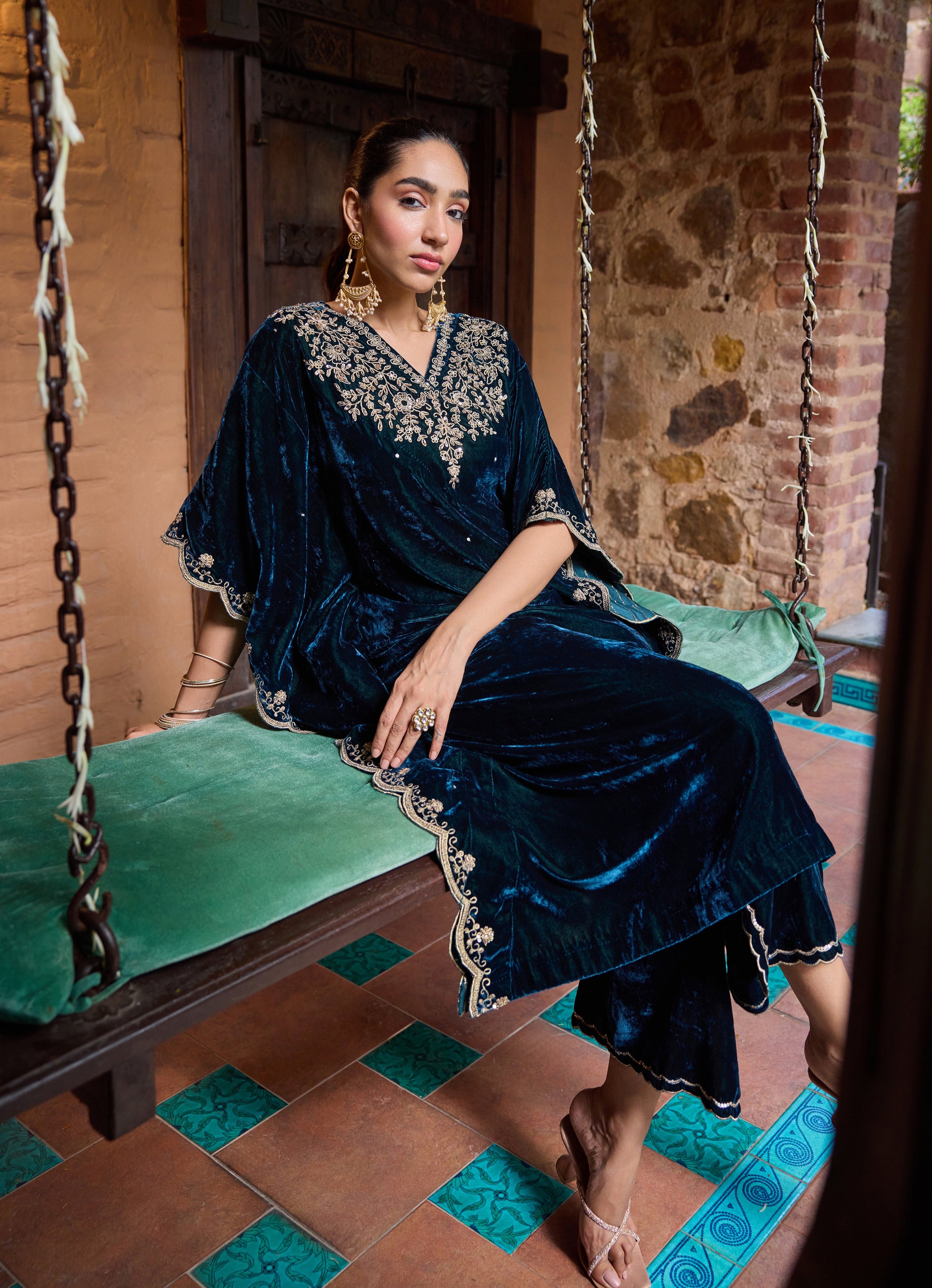Firoz Midnight Blue Embroidered Silk Velvet Kaftan Set (READY TO SHIP)