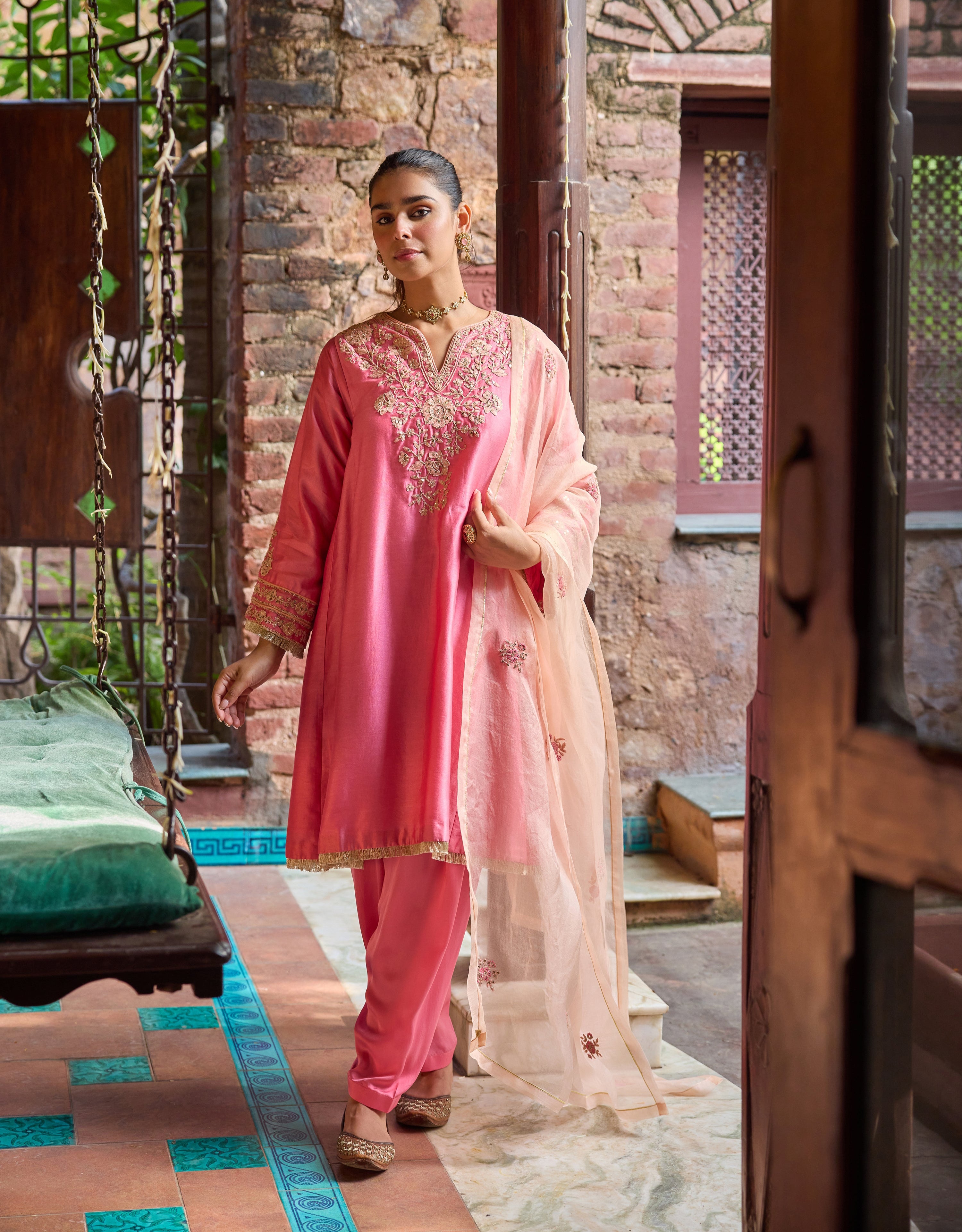 Kainat Silk Chanderi Embroidered Pink A-Line Choga Set