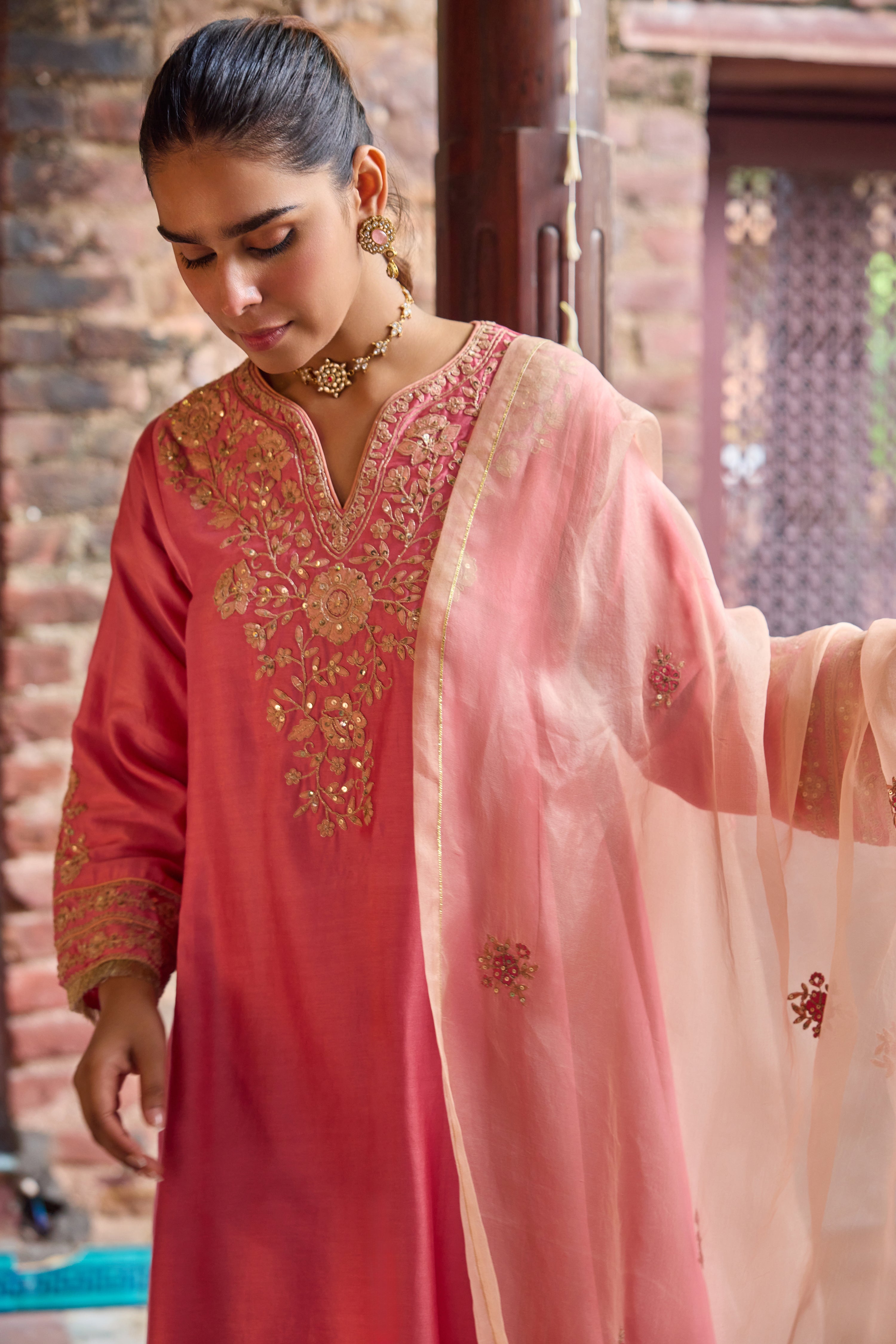 Kainat Silk Chanderi Embroidered Pink A-Line Choga Set
