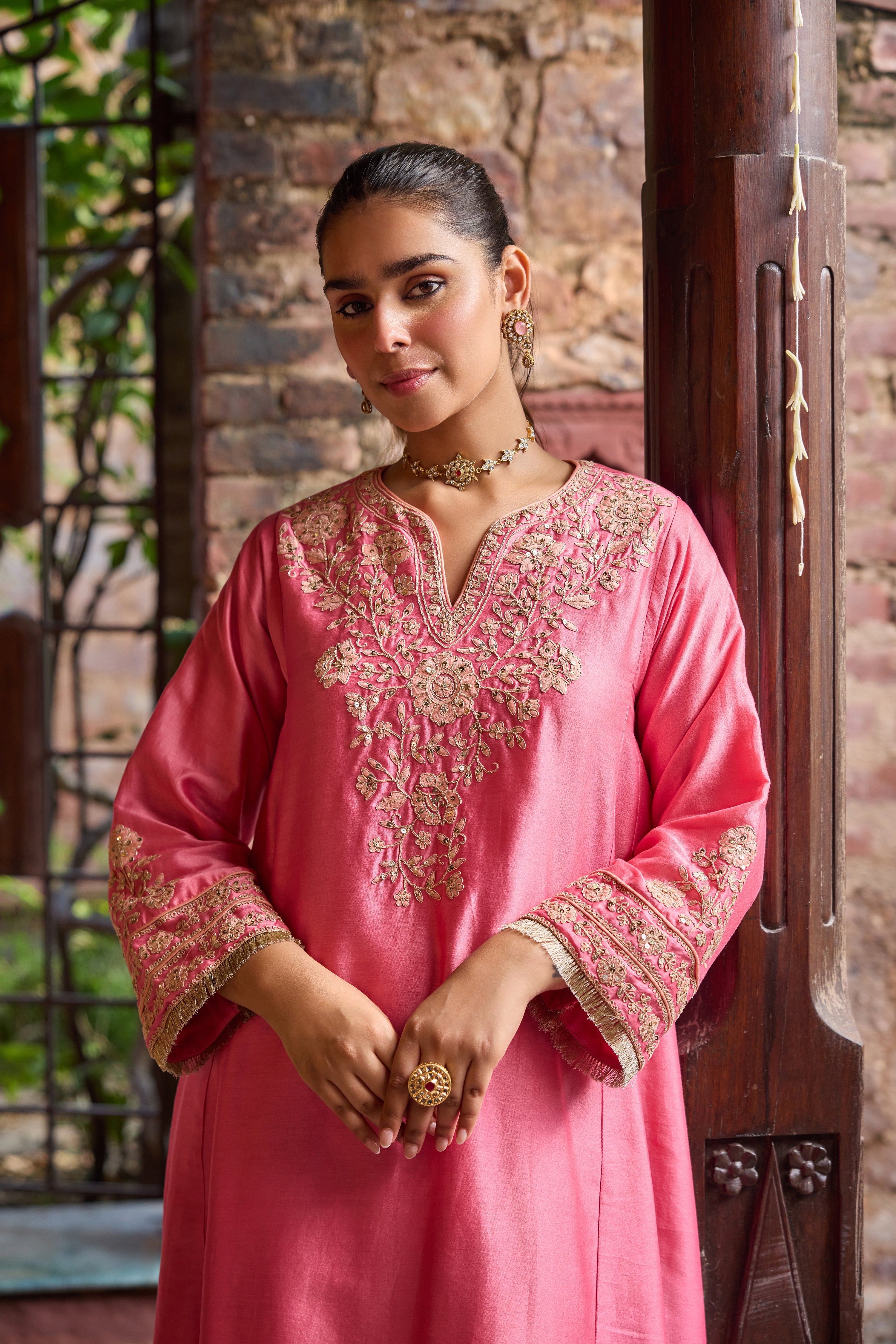 Kainat Silk Chanderi Embroidered Pink A-Line Choga Set