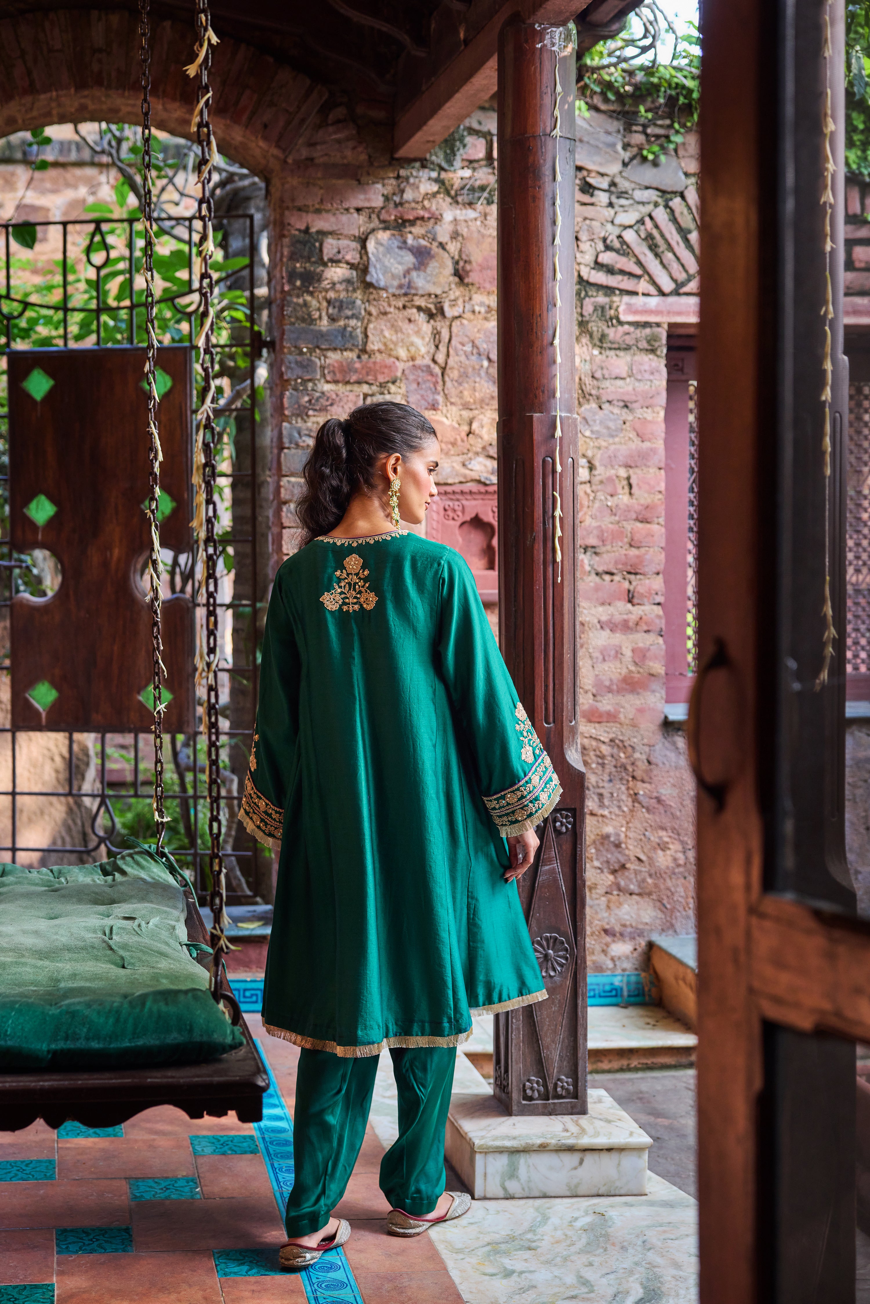 Kainat Silk Chanderi Embroidered Emerald Green A-Line Choga Set