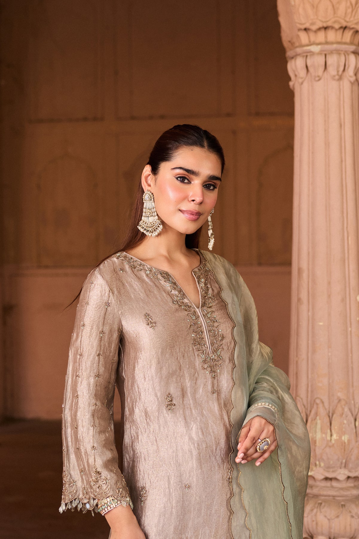 SHAHBANO SILK TISSUE HANDCRAFTED SILVER KURTA SET WITH FARSHI SALWAR