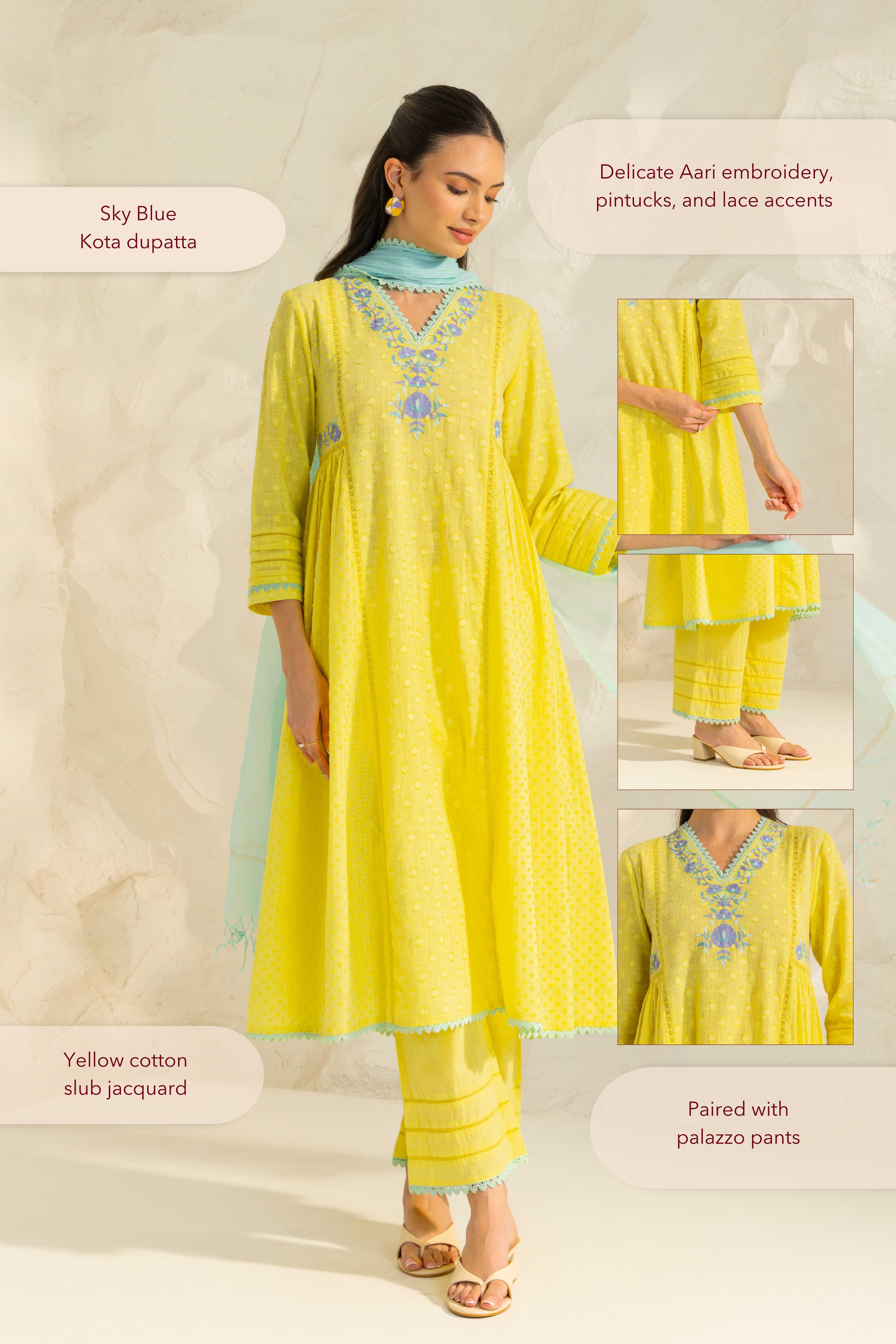 Aizah Yellow Cotton Slub Jacquard Handcrafted Kurta Set with Aari Embroidery