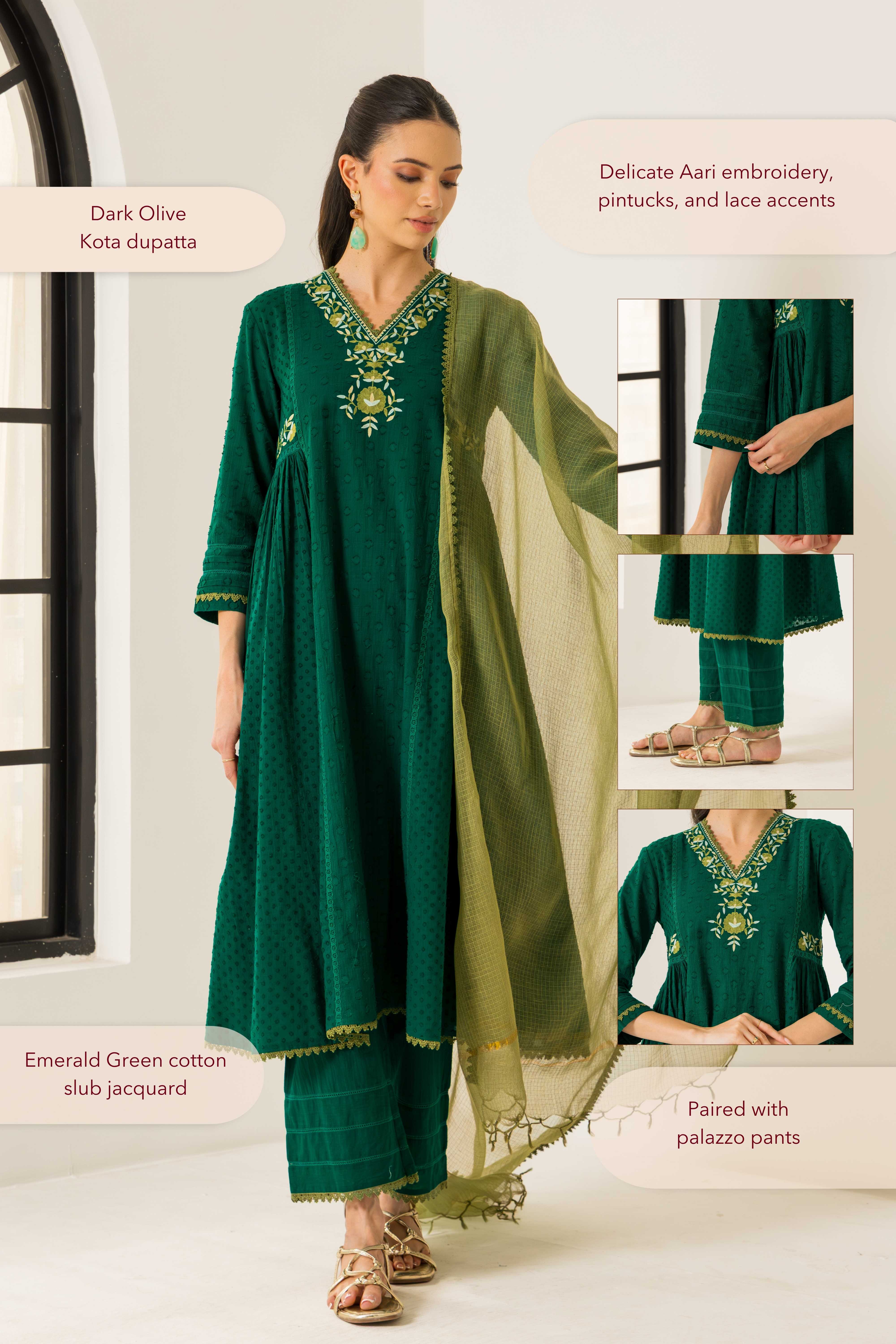 Aizah Emerald Green Cotton Slub Jacquard Handcrafted Kurta Set with Aari Embroidery