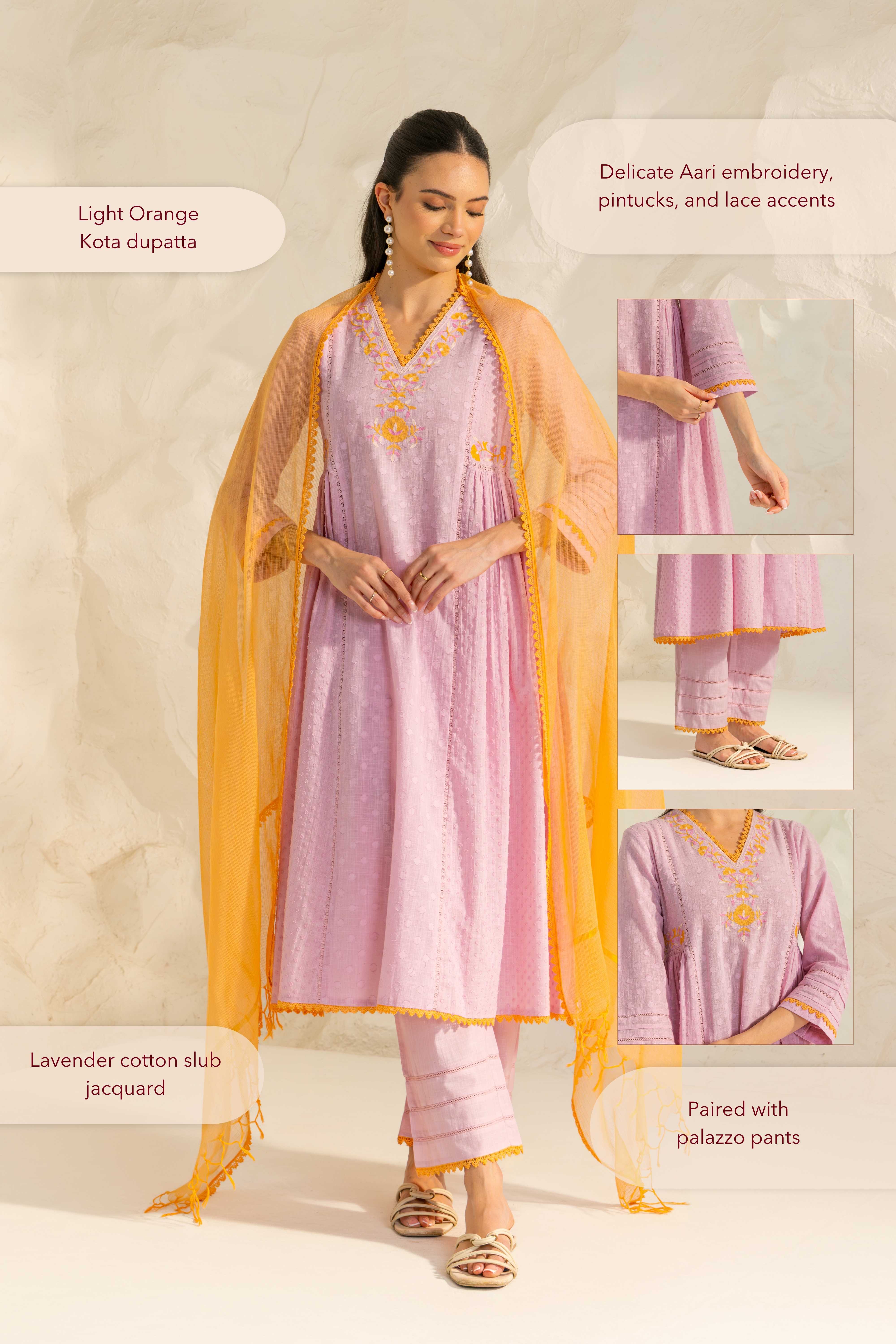 Aizah Lavender Cotton Slub Jacquard Handcrafted Kurta Set with Aari Embroidery