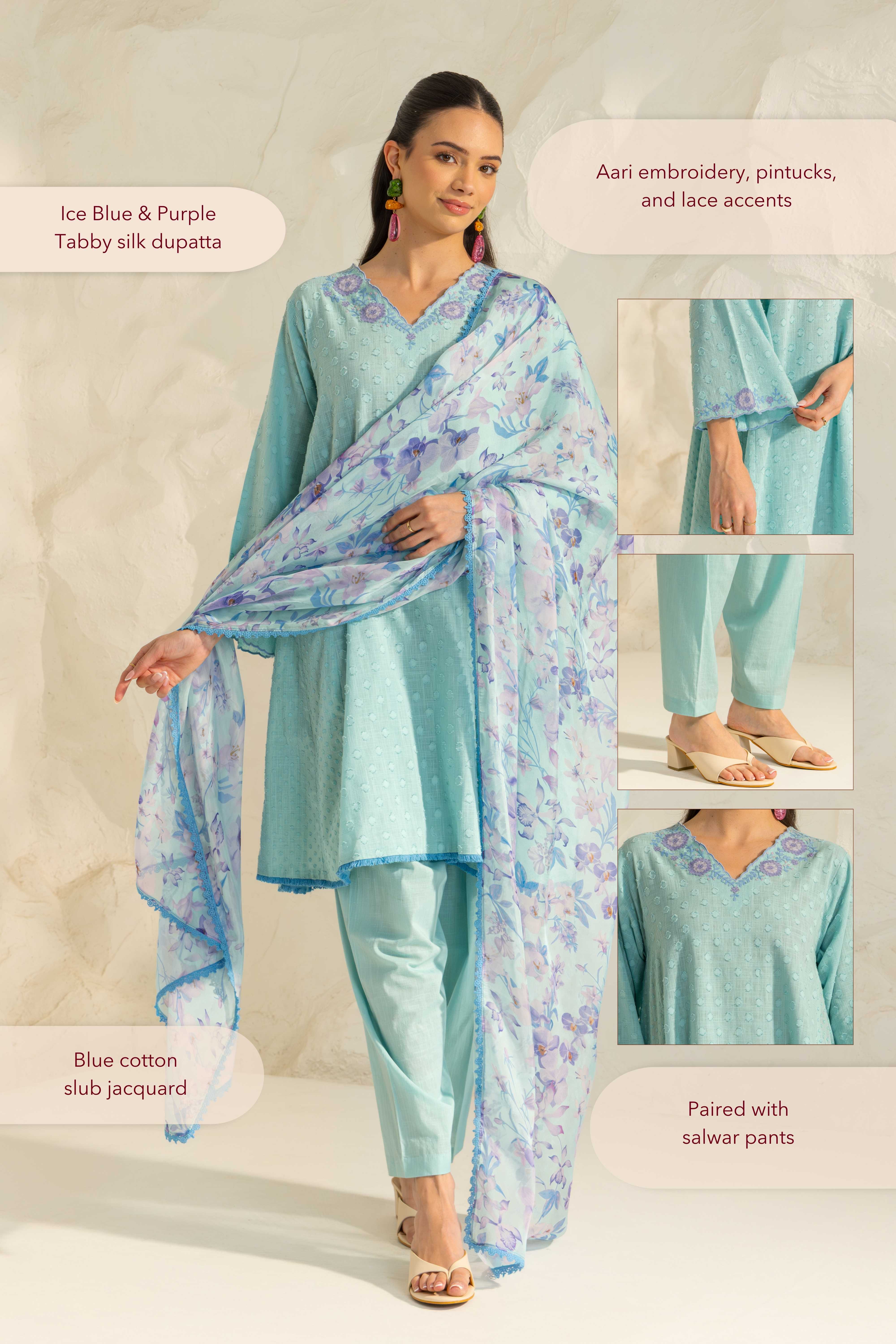 Azra Blue Cotton Slub Jacquard Handcrafted Choga set with Aari Embroidery