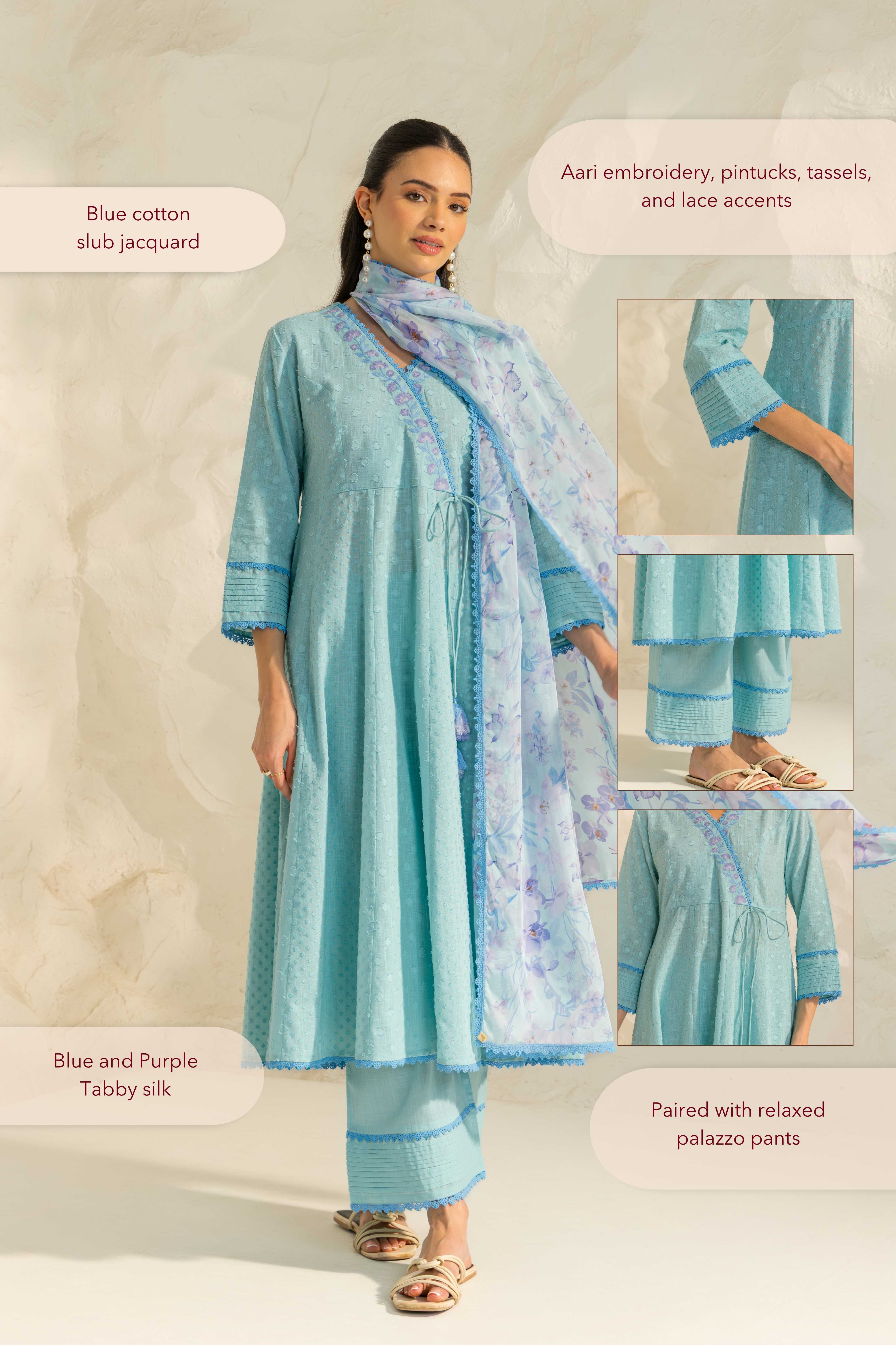 Elara Blue Cotton Slub Jacquard Handcrafted Angrakha Set with Aari Embroidery