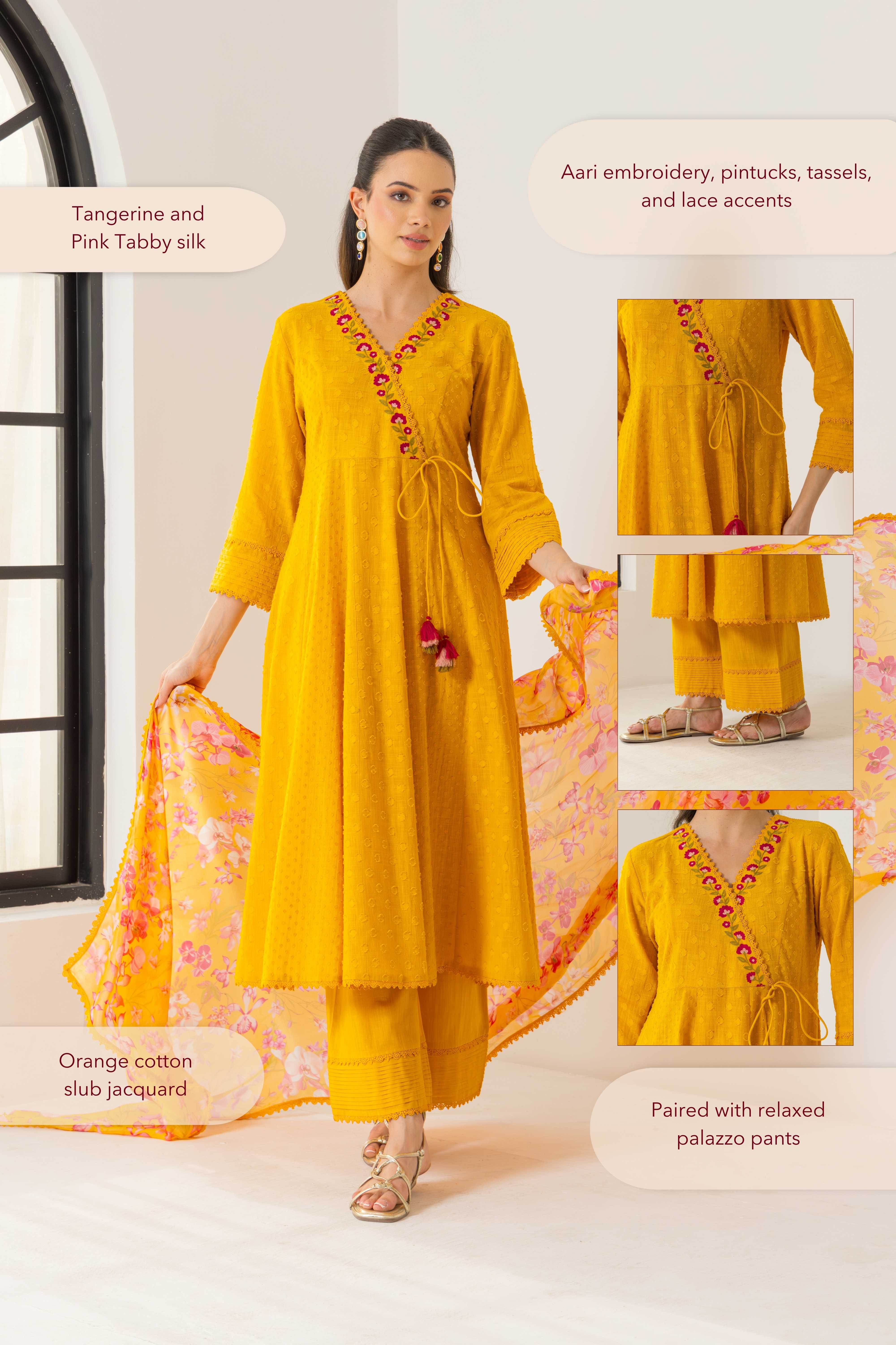 Elara Orange Cotton Slub Jacquard Handcrafted Angrakha Set with Aari Embroidery