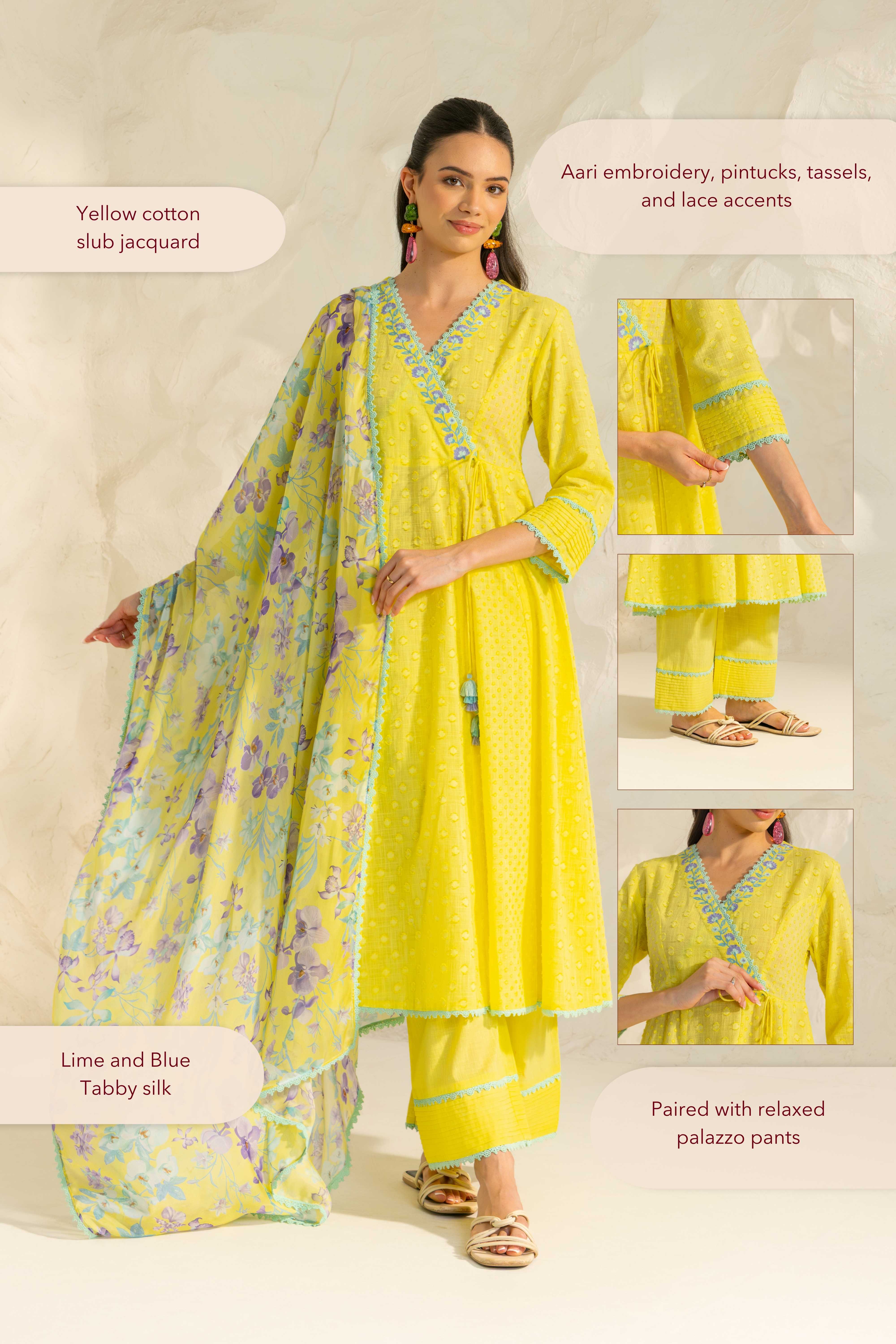Elara Yellow Cotton Slub Jacquard Handcrafted Angrakha Set with Aari Embroidery