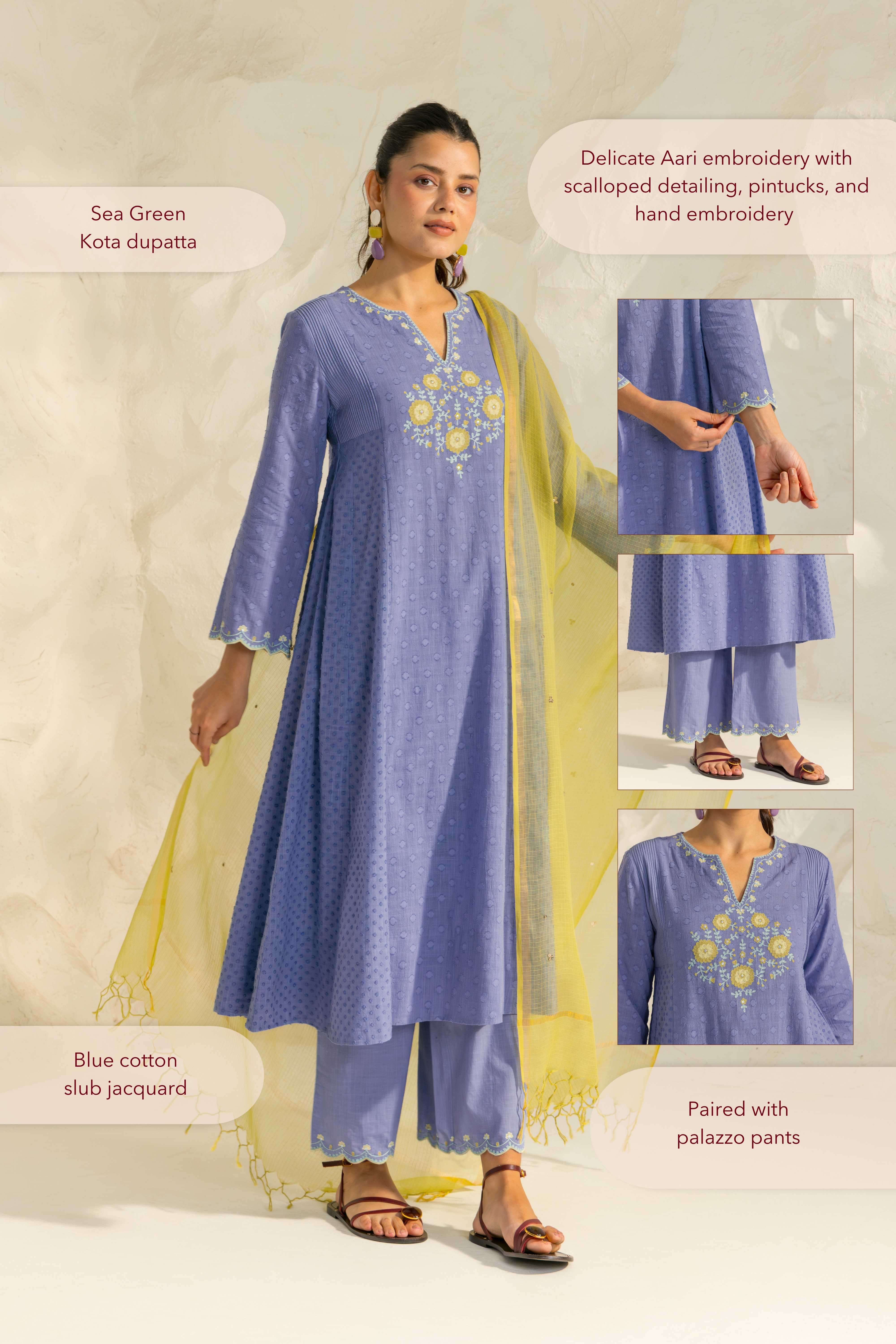 Kiara Blue Cotton Slub Jacquard Handcrafted Kurta Set with Aari Embroidery