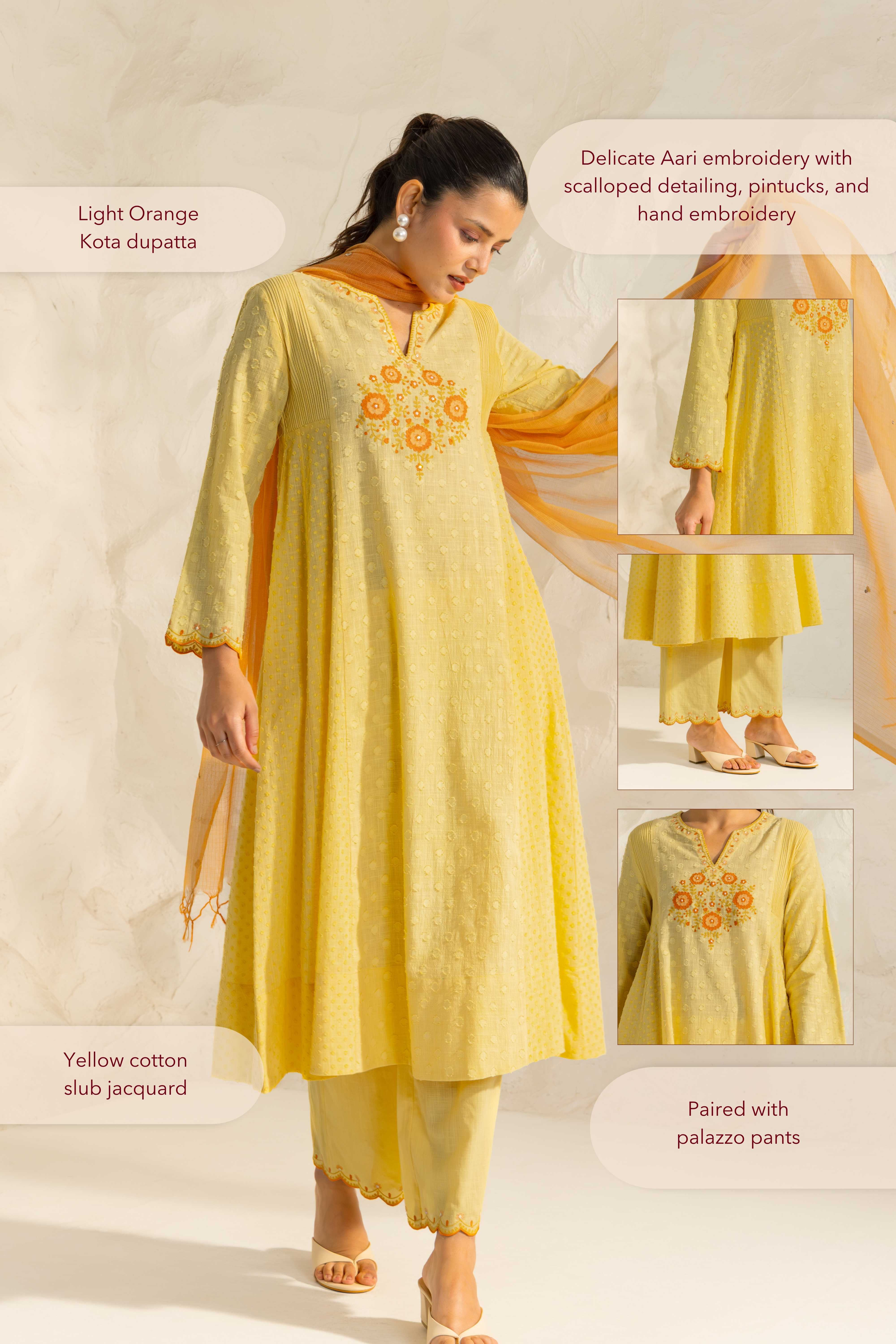 Kiara Yellow Cotton Slub Jacquard Handcrafted Kurta Set with Aari Embroidery