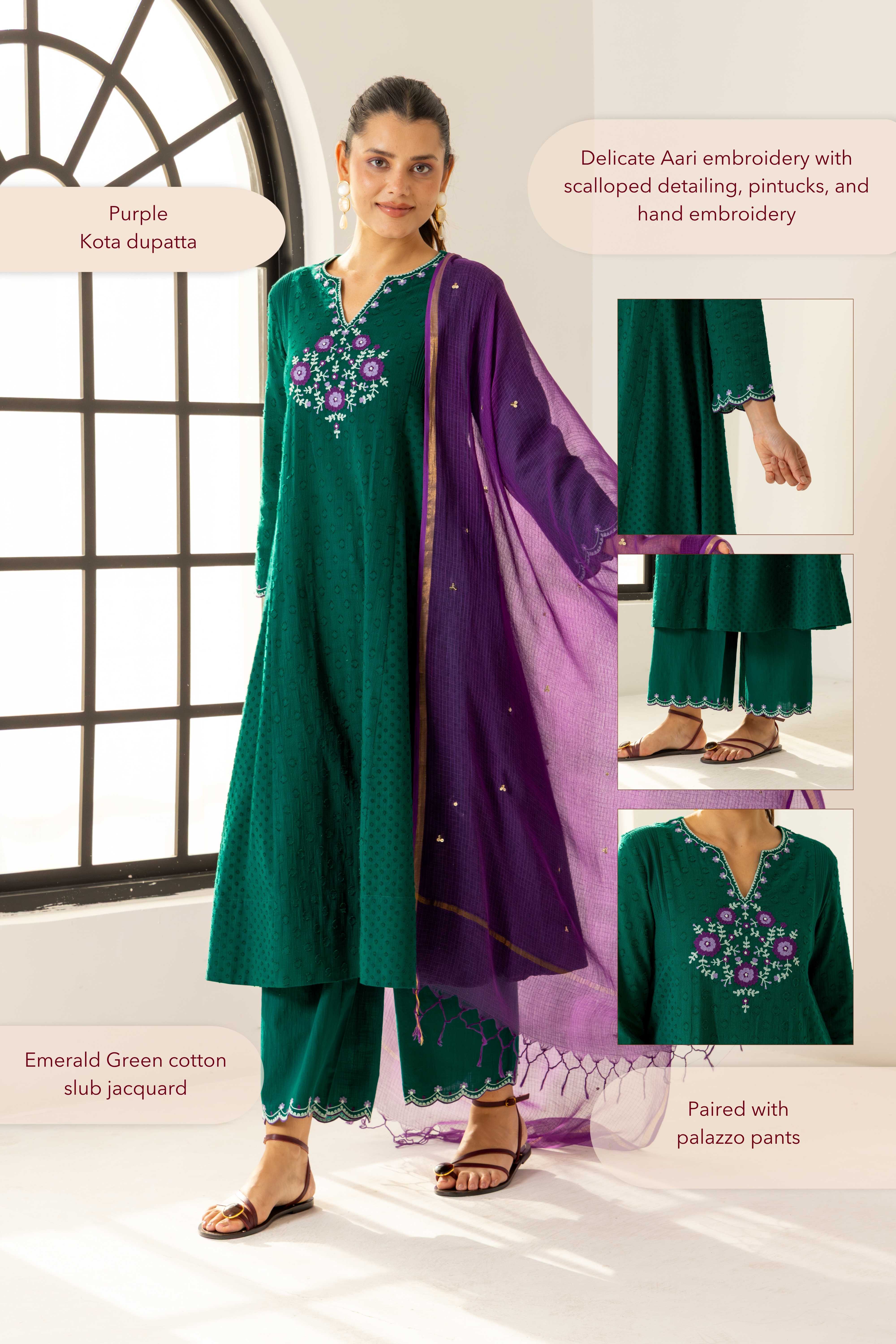 Kiara Emerald Green Cotton Slub Jacquard Handcrafted Kurta Set with Aari Embroidery