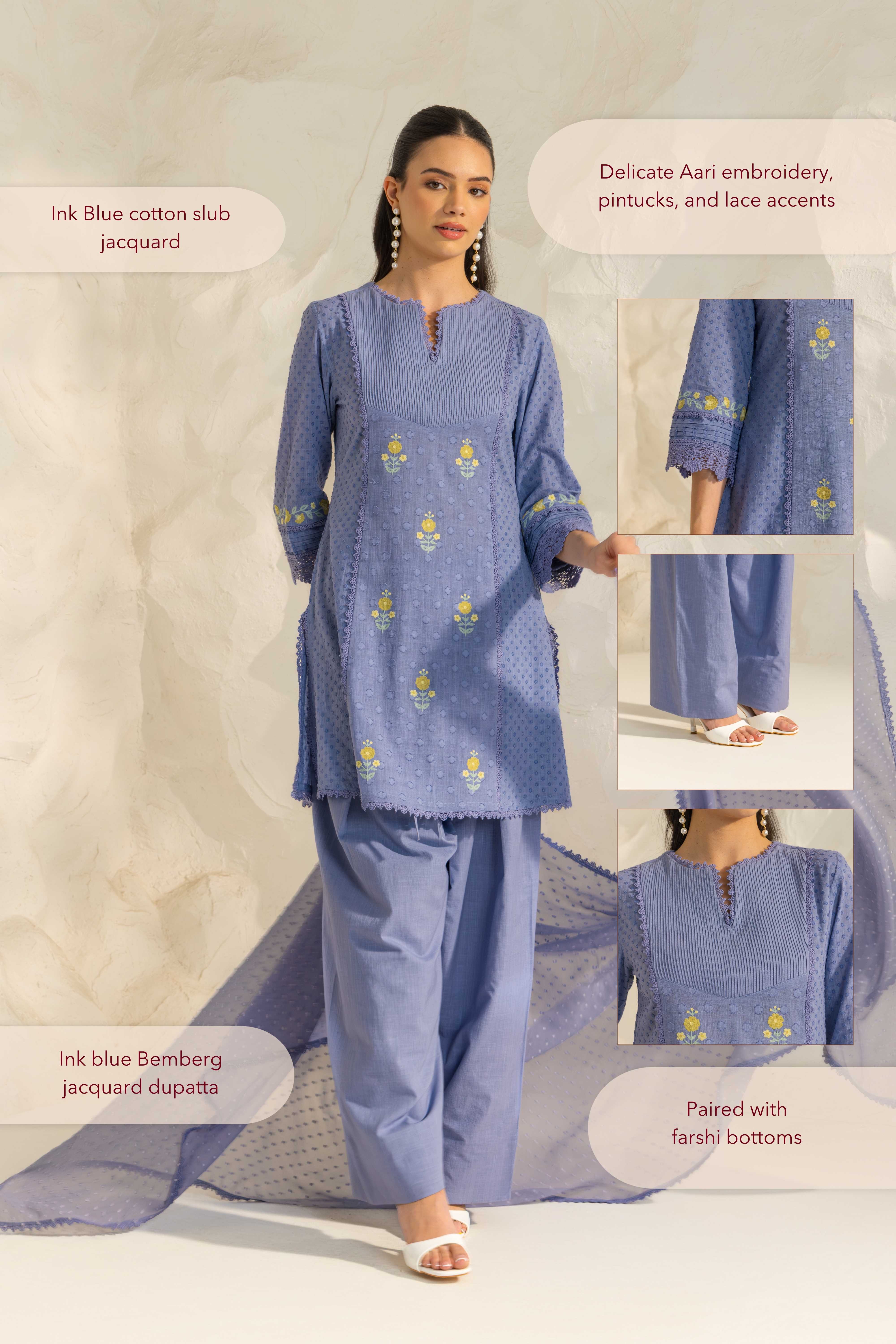 Laila Blue Cotton Slub Jacquard Handcrafted Short Kurta Set with Aari embroidery and Farshi Salwar