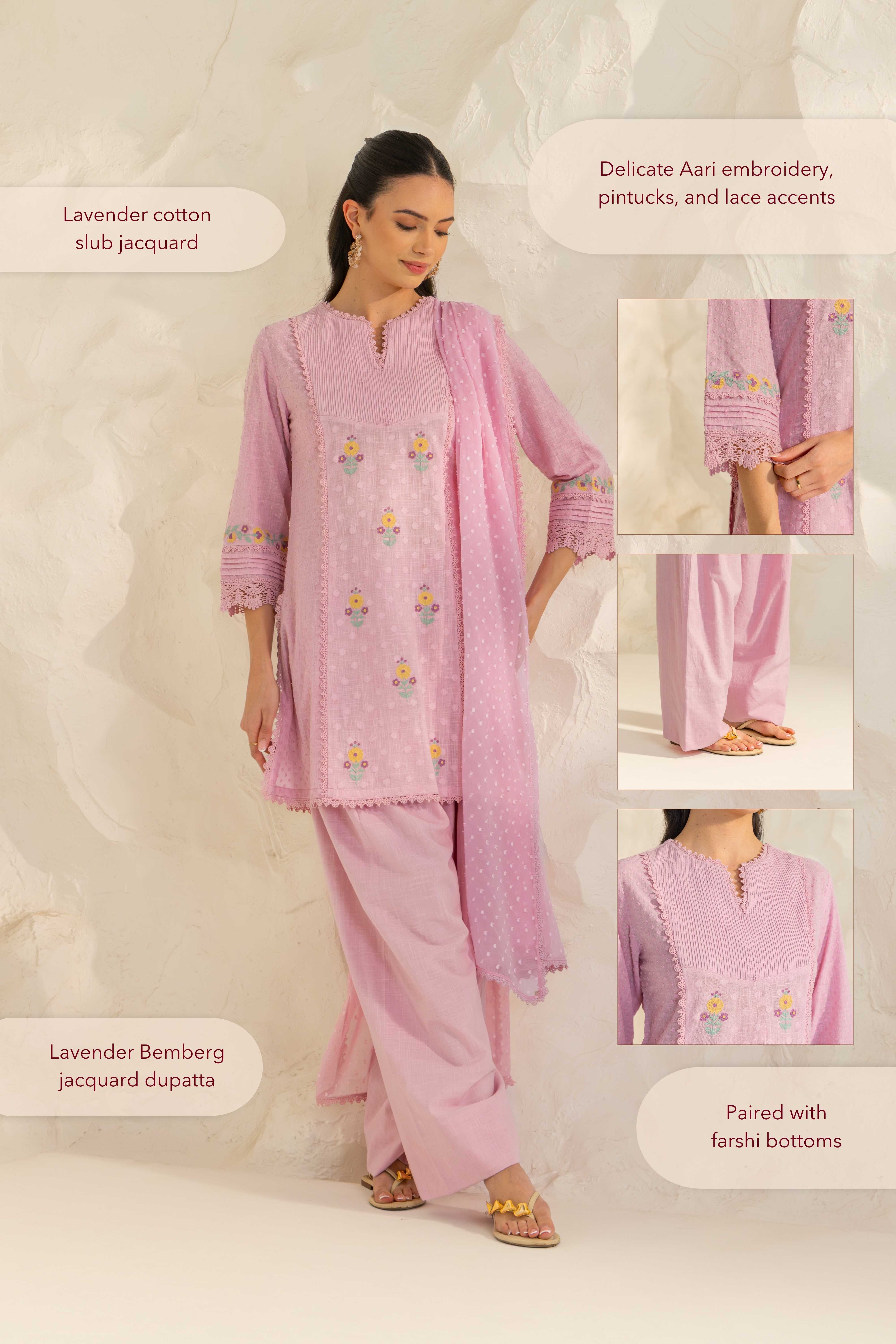 Laila Lavender Cotton Slub Jacquard Handcrafted Short Kurta Set with Aari embroidery and Farshi Salwar