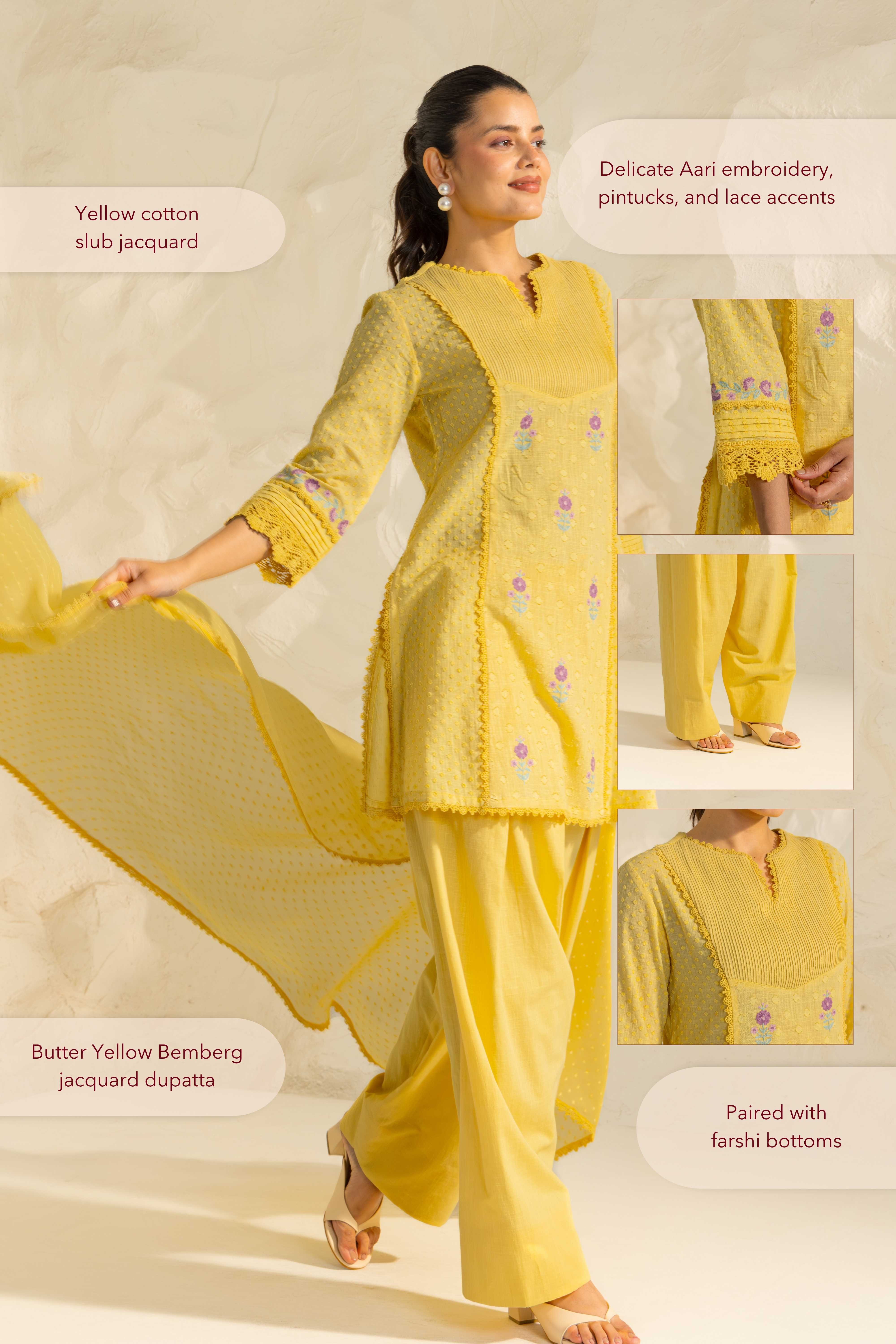 Laila Yellow Cotton Slub Jacquard Handcrafted Short Kurta Set with Aari embroidery and Farshi Salwar