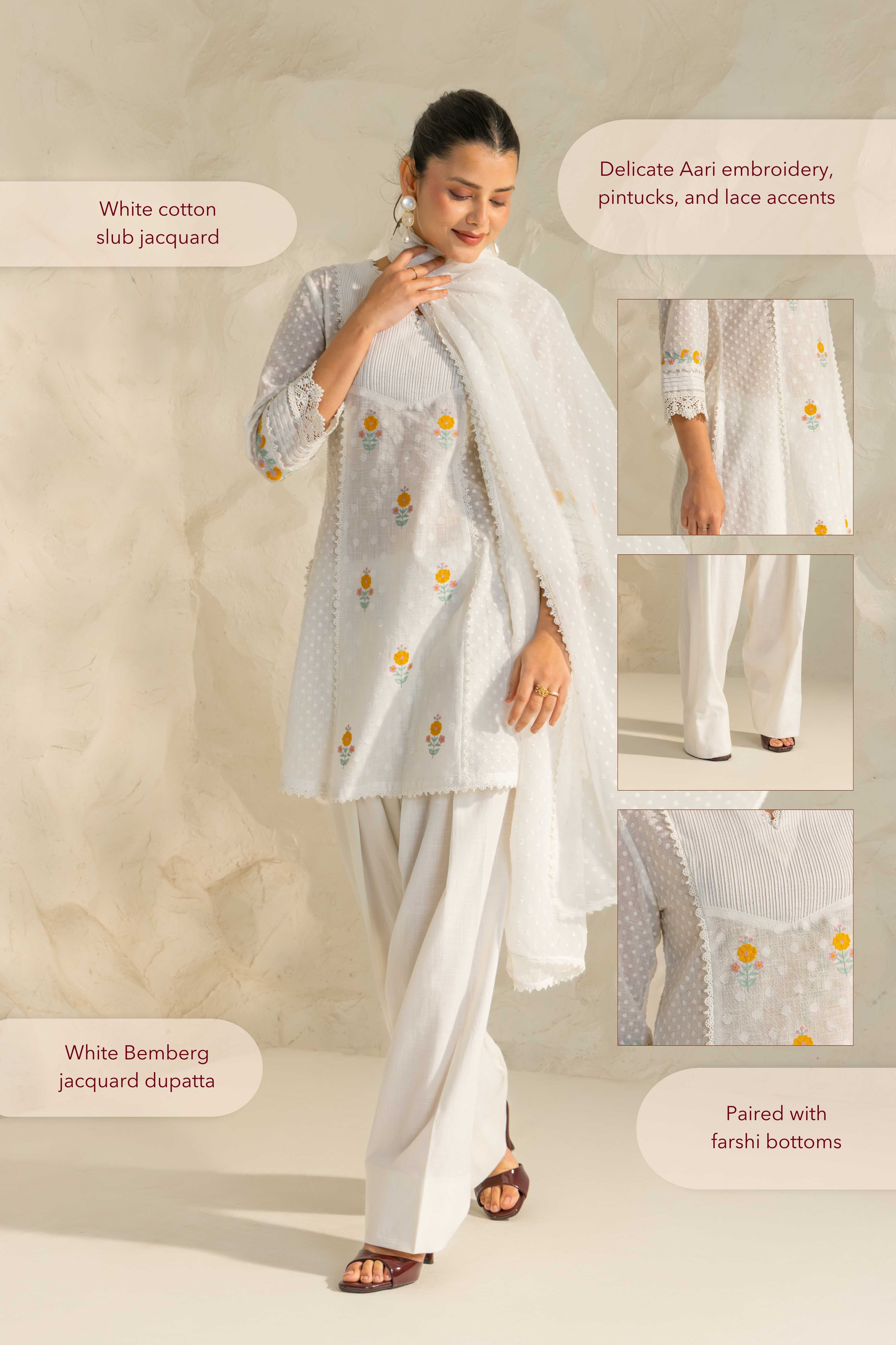Laila White Cotton Slub Jacquard Handcrafted Short Kurta Set with Aari embroidery and Farshi Salwar