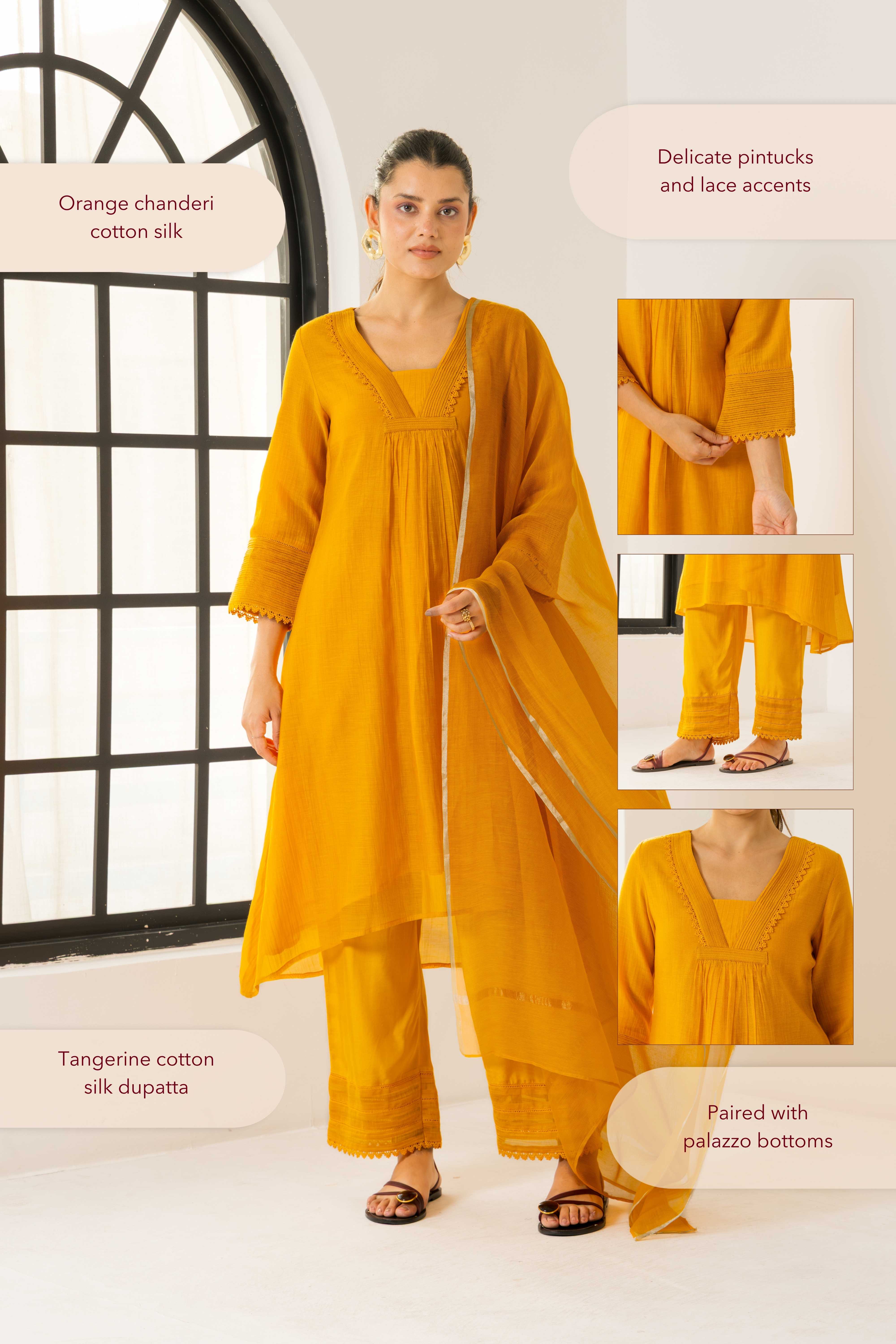 Naisha Orange Cotton-Silk Chanderi Kurta Set