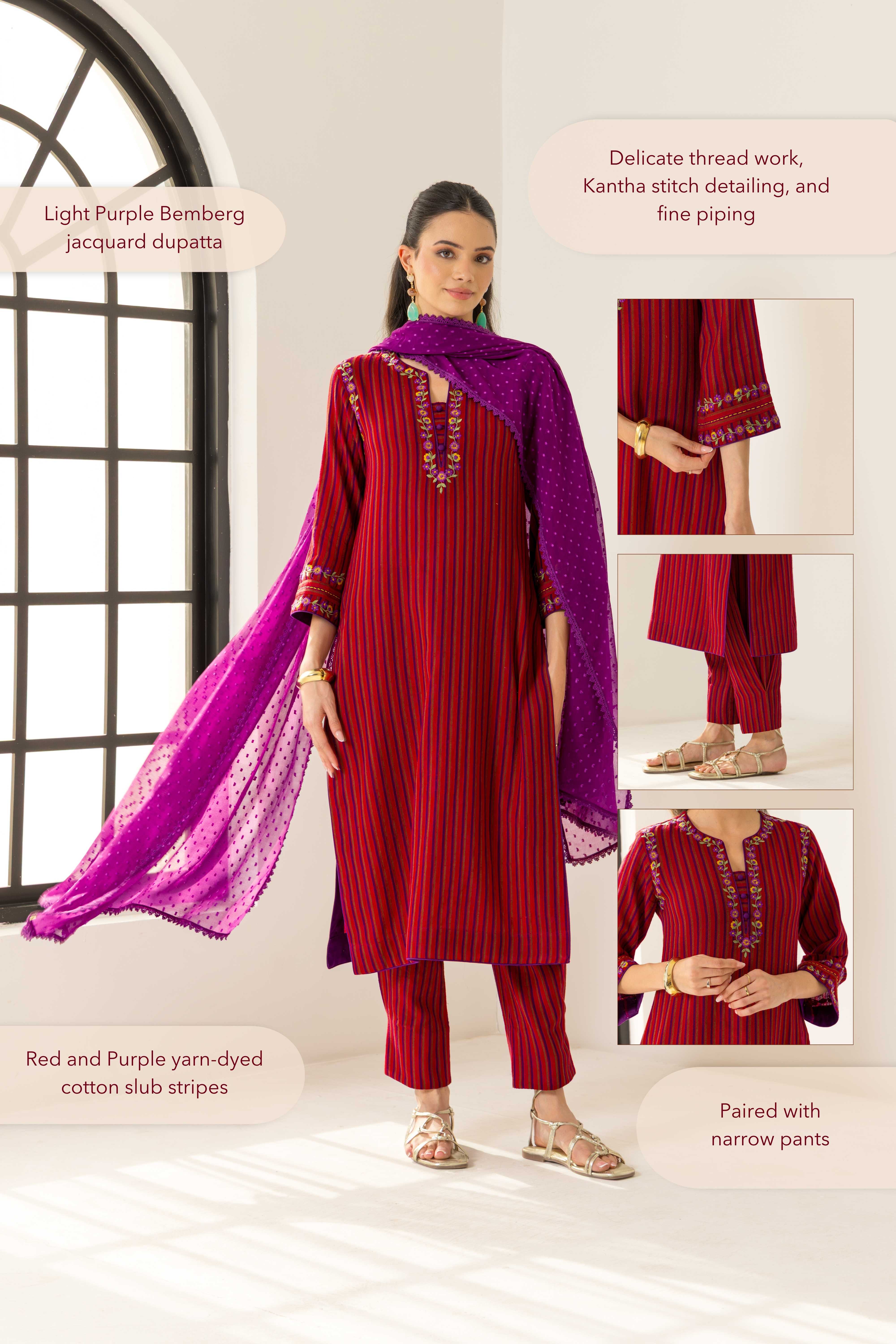 Nyra Red & Purple Embroidered Yarn Dyed Handcrafted Kurta Set