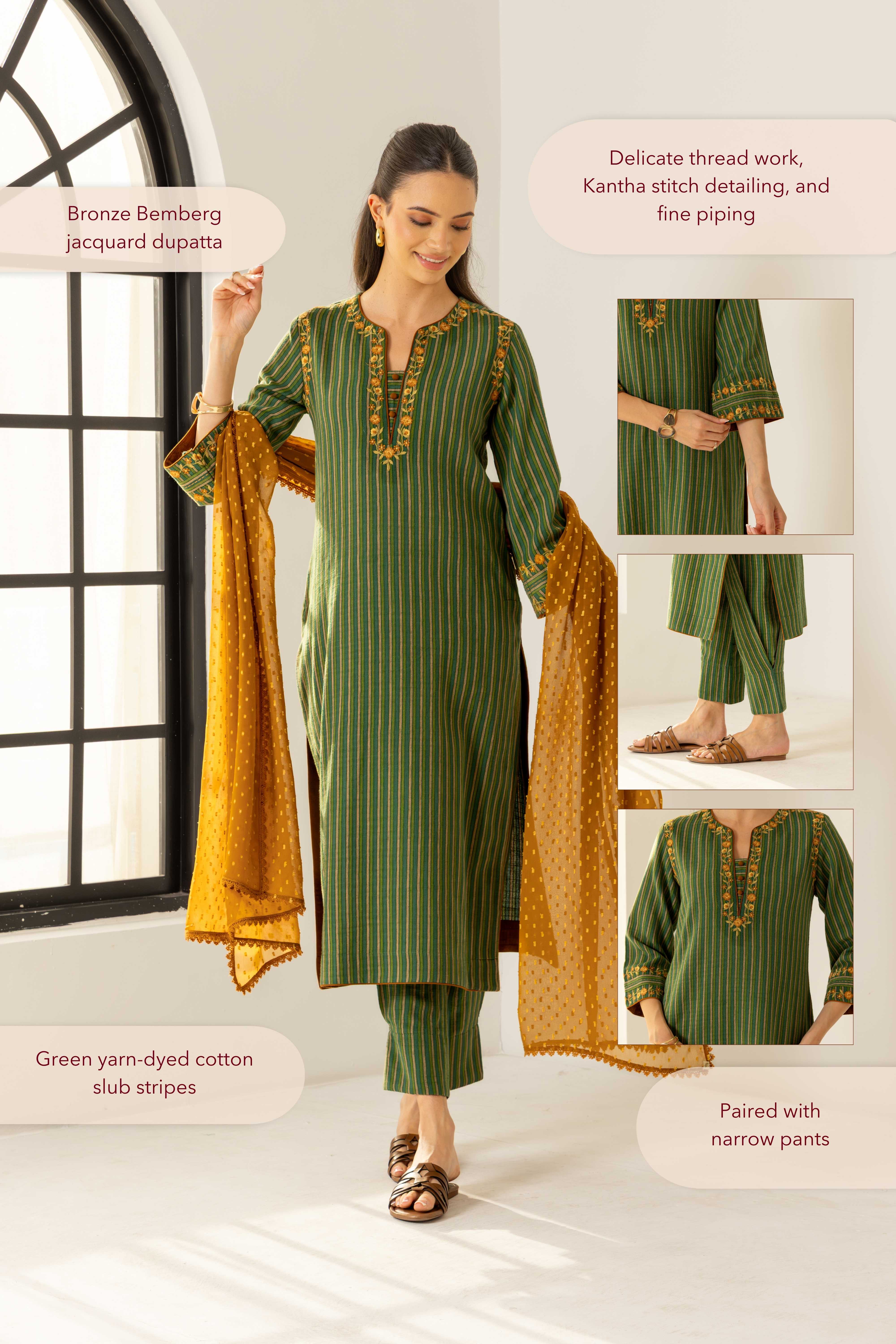 Nyra Green Embroidered Yarn Dyed Handcrafted Kurta Set