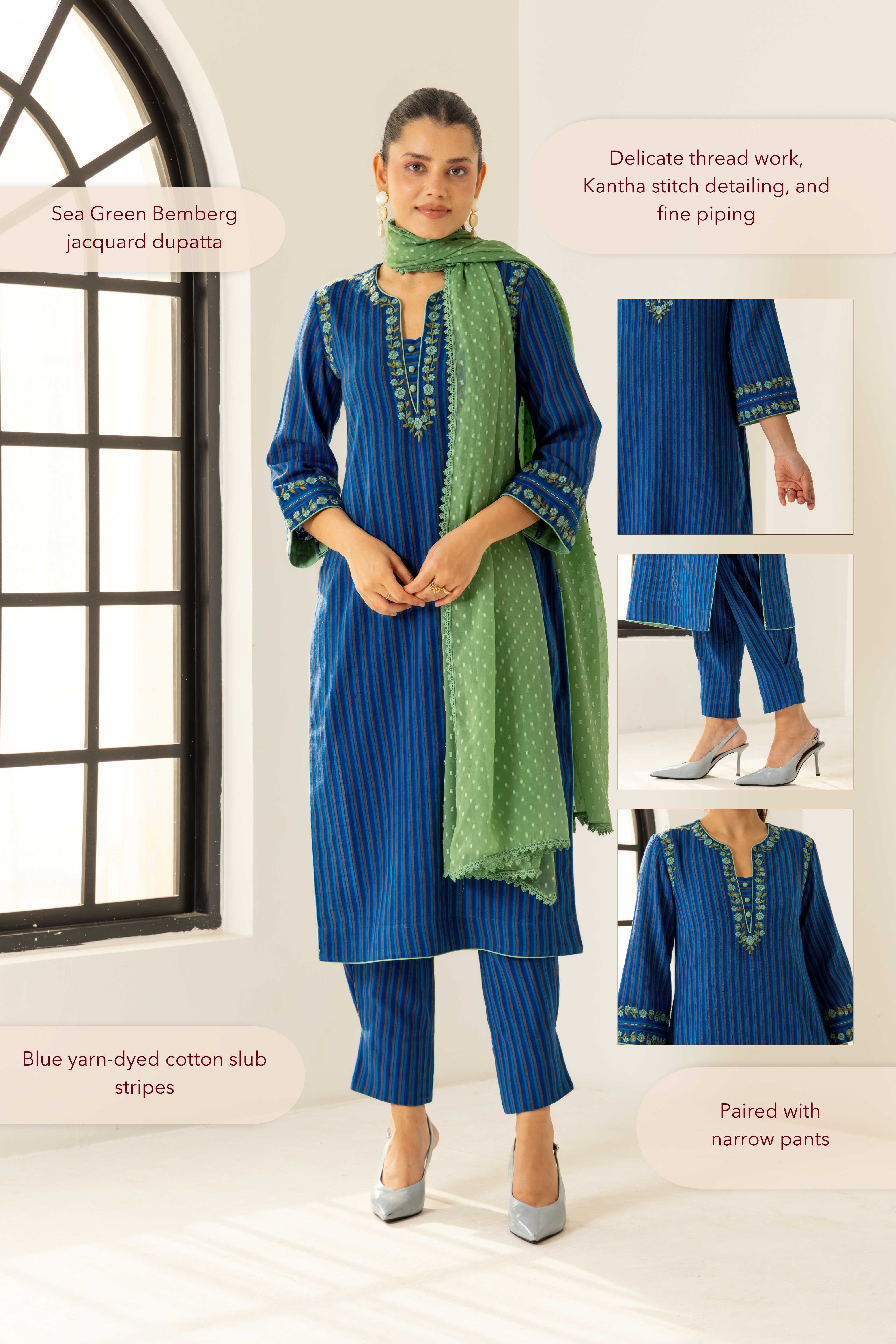 Nyra Blue Embroidered Yarn Dyed Handcrafted Kurta Set