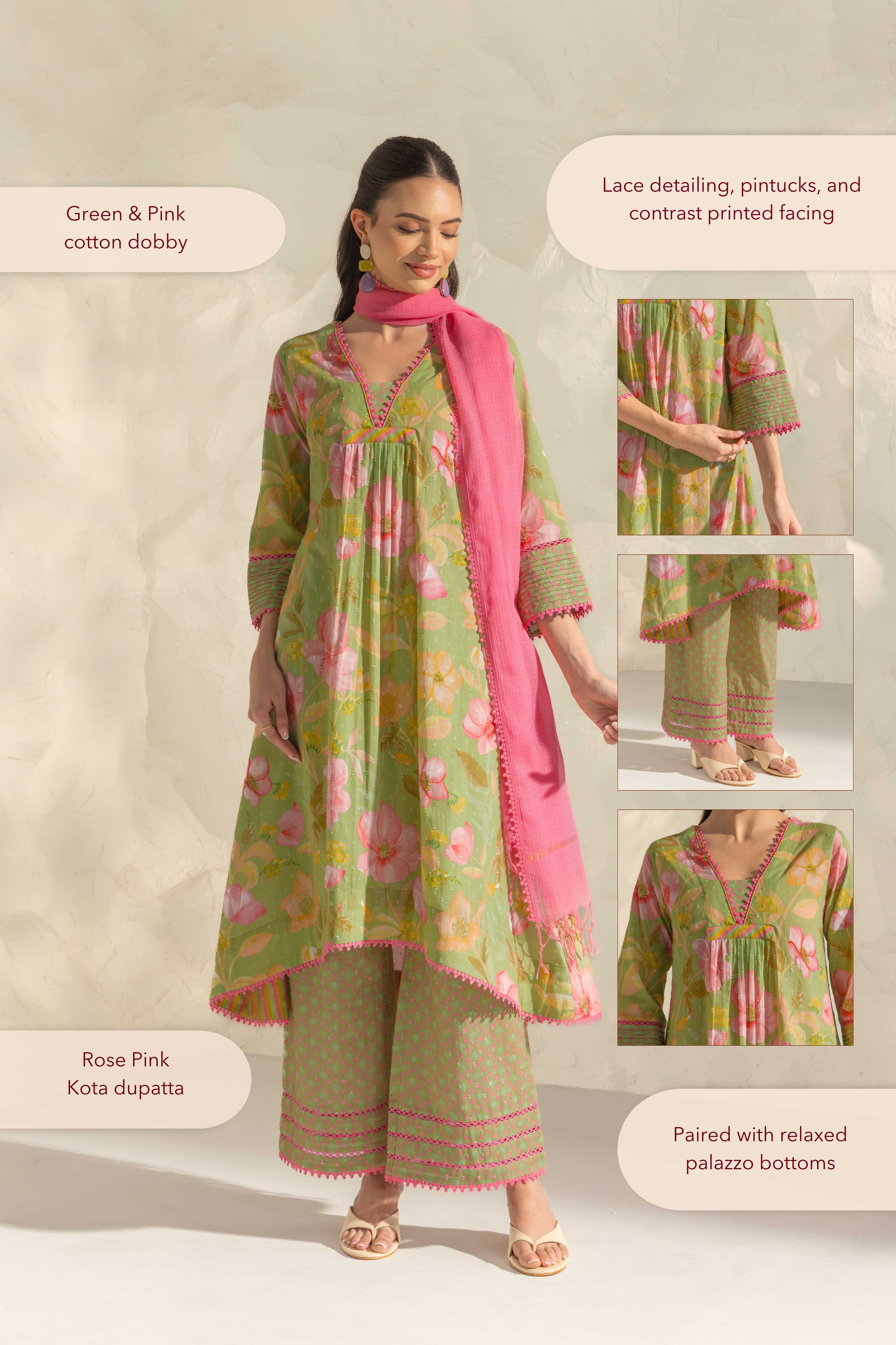 Ranya Green & Pink Handcrafted Floral Printed Cotton Dobby A-line Long Kurta Set