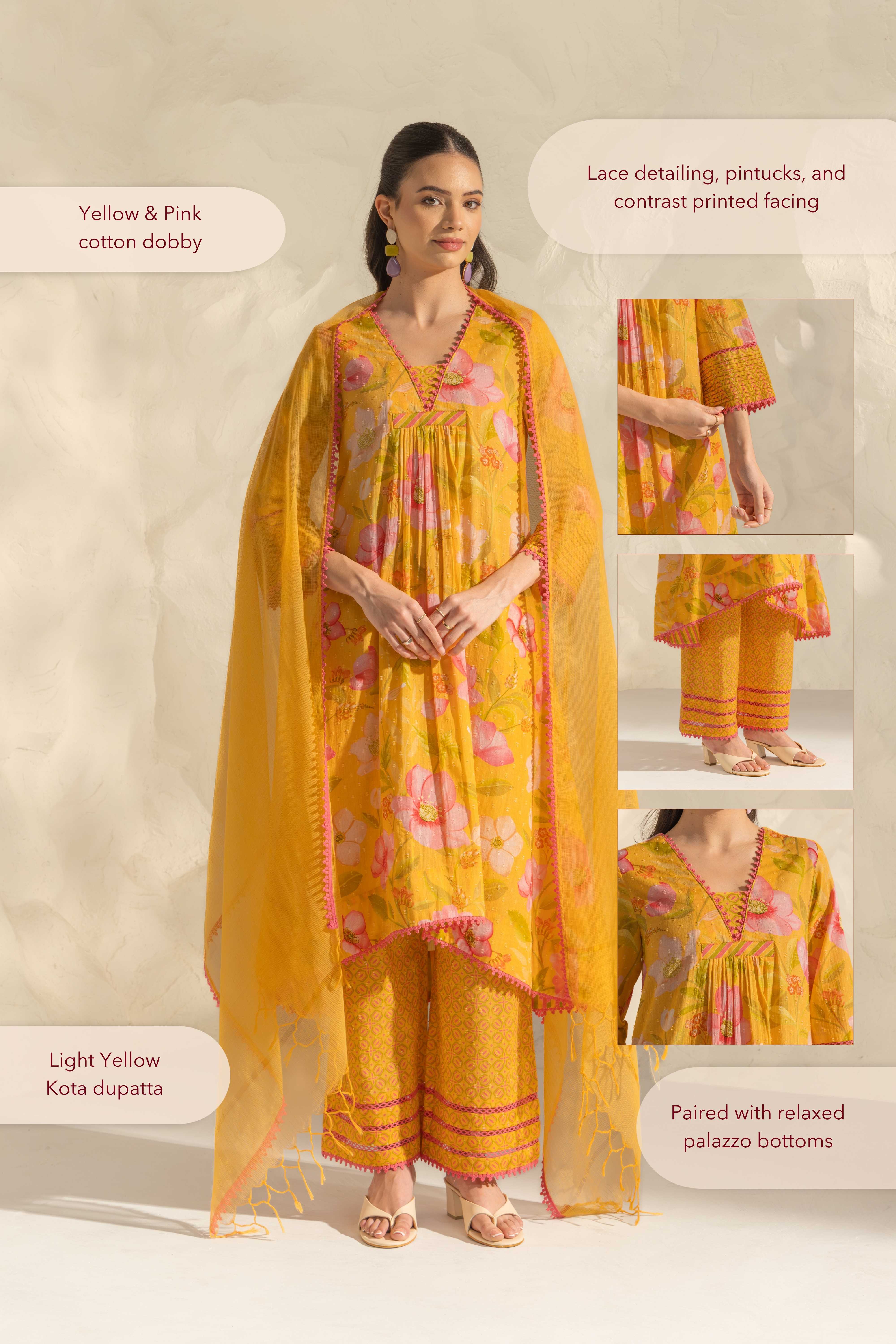 Ranya Yellow & Pink Handcrafted Floral Printed Cotton Dobby A-line Long Kurta Set