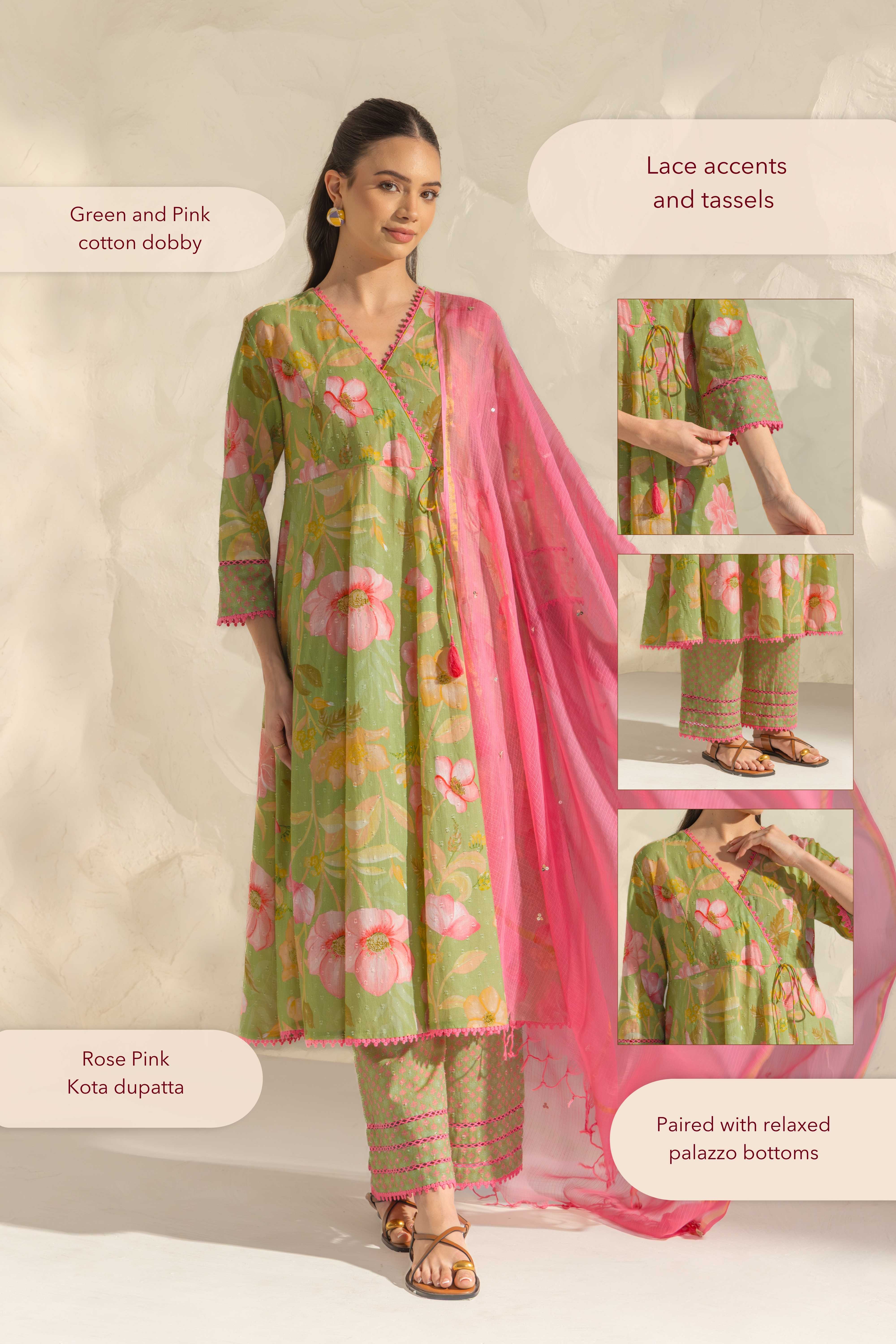 Riva Green & Pink Handcrafted Floral Printed Cotton Dobby Angrakha Set