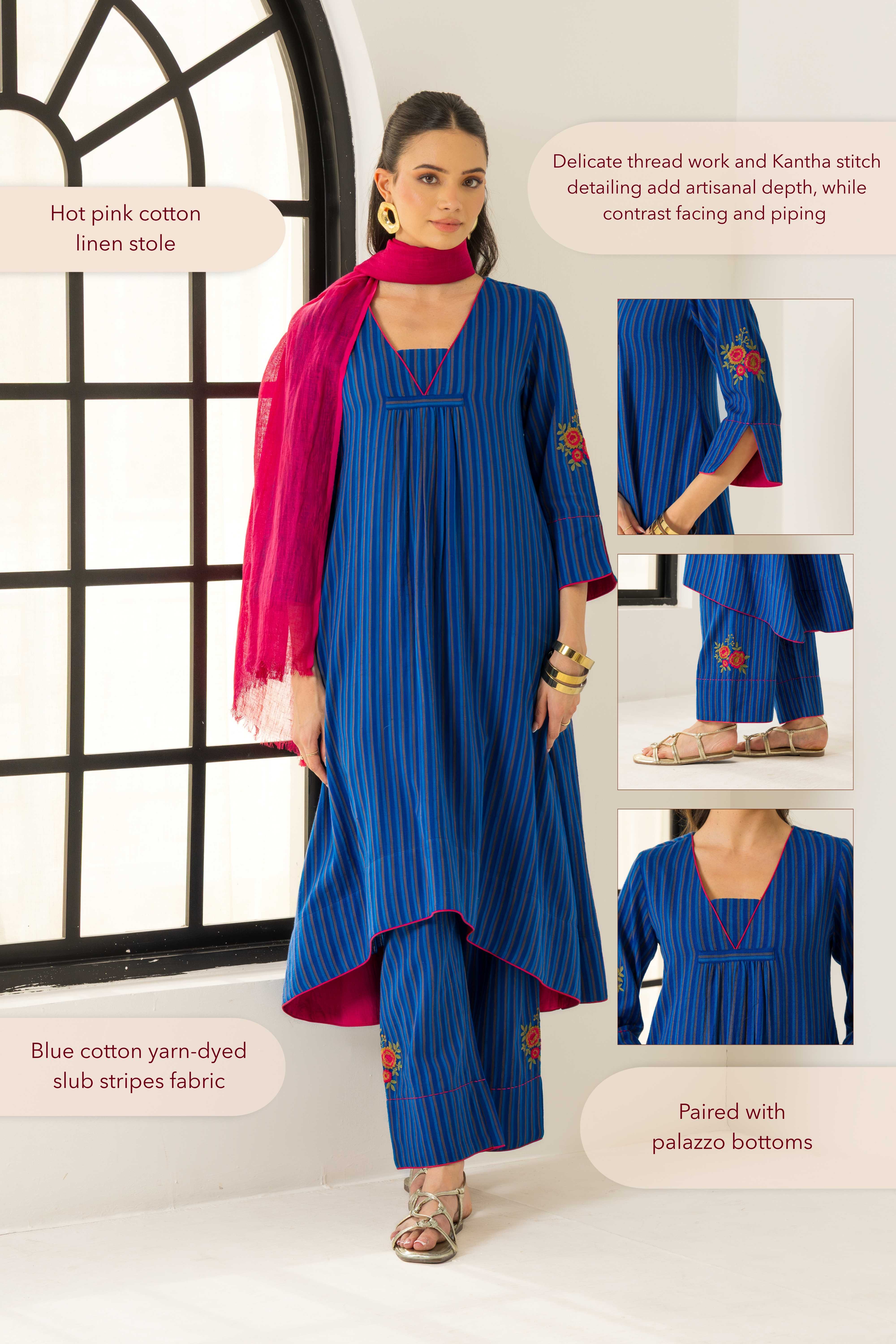 Rosa Blue Embroidered Yarn Dyed Handcrafted Kurta Set