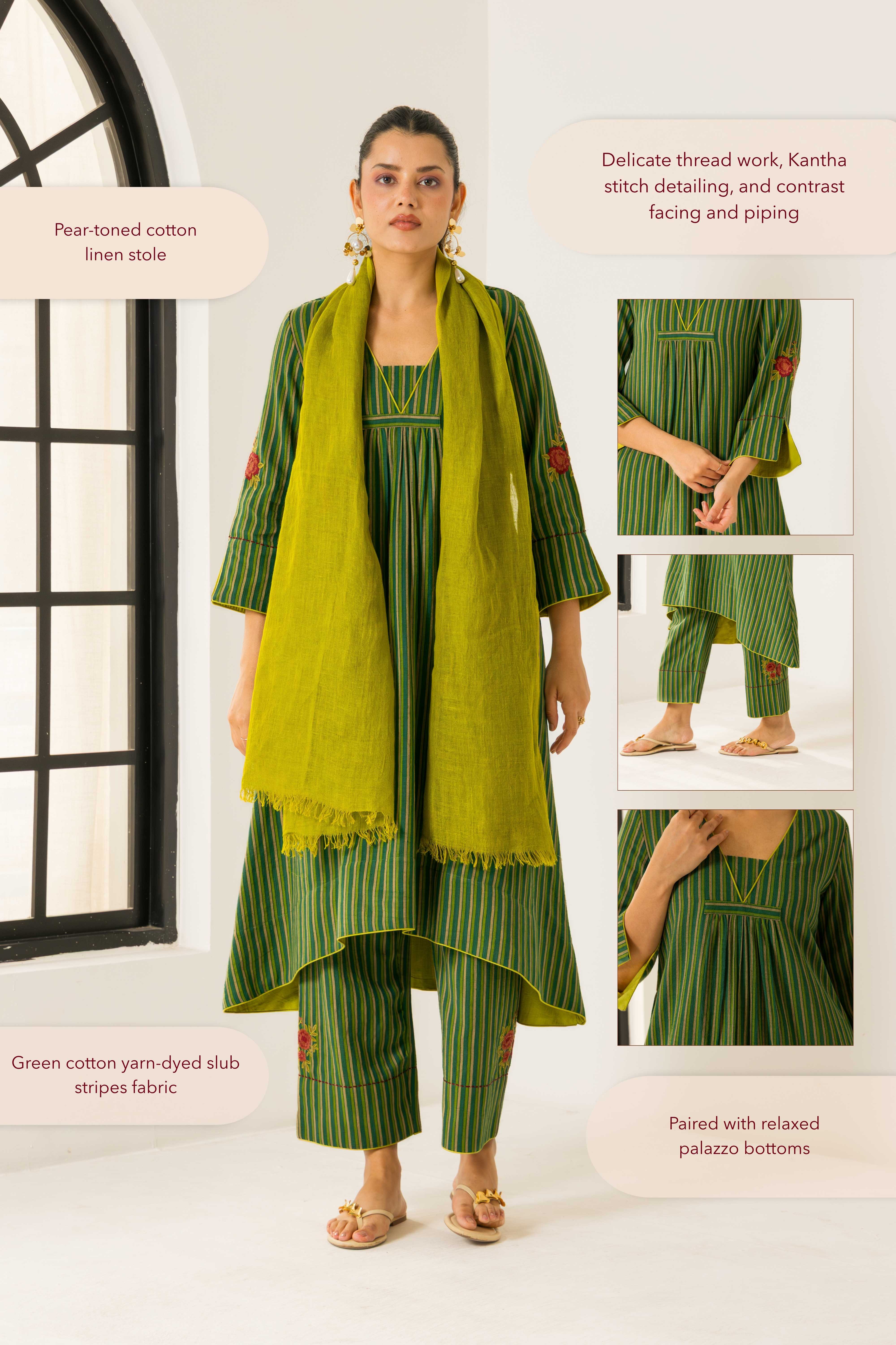 Rosa Green Embroidered Yarn Dyed Handcrafted Kurta Set