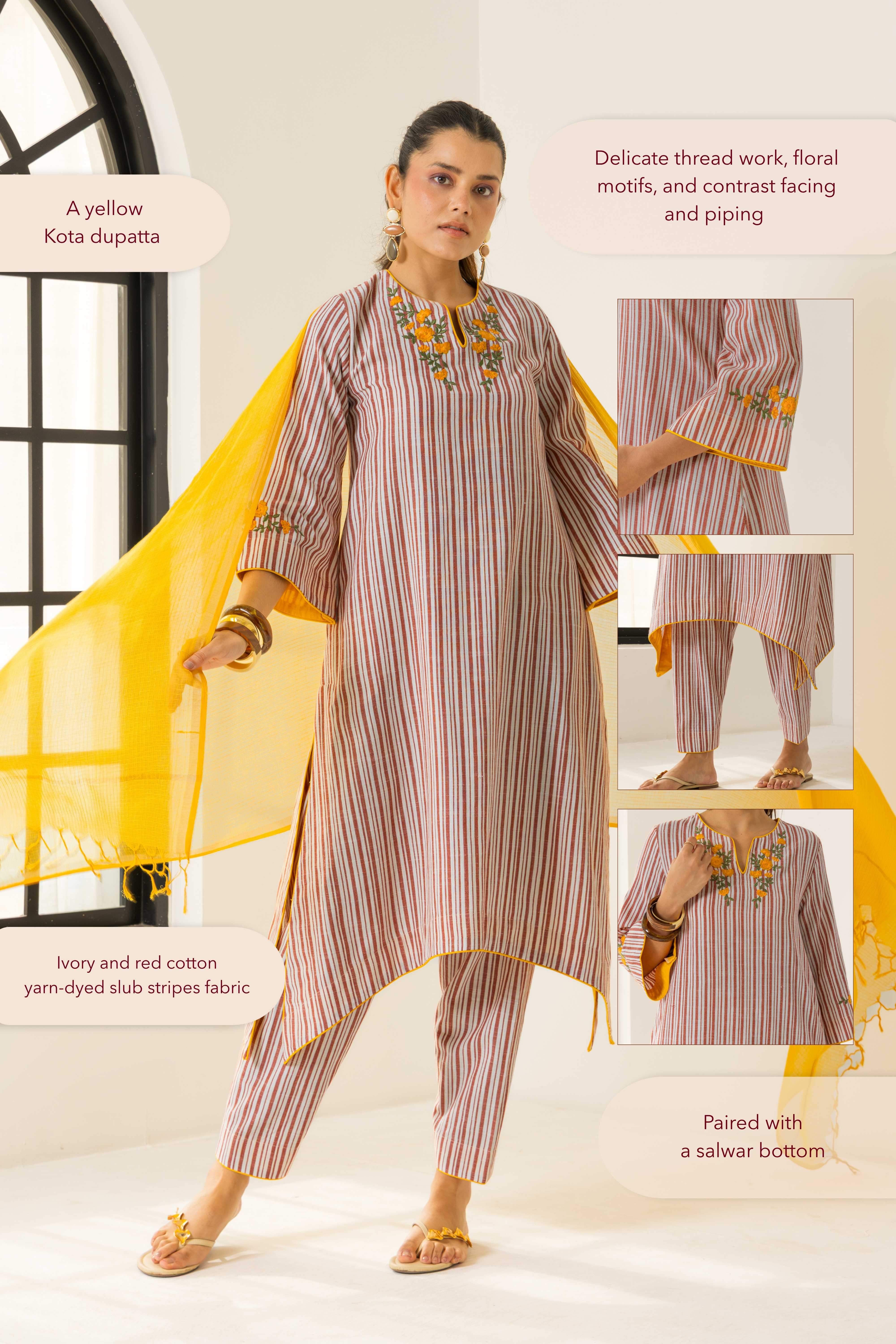 Savera Ivory & Red Embroidered Yarn Dyed Handcrafted High Low Kurta Set