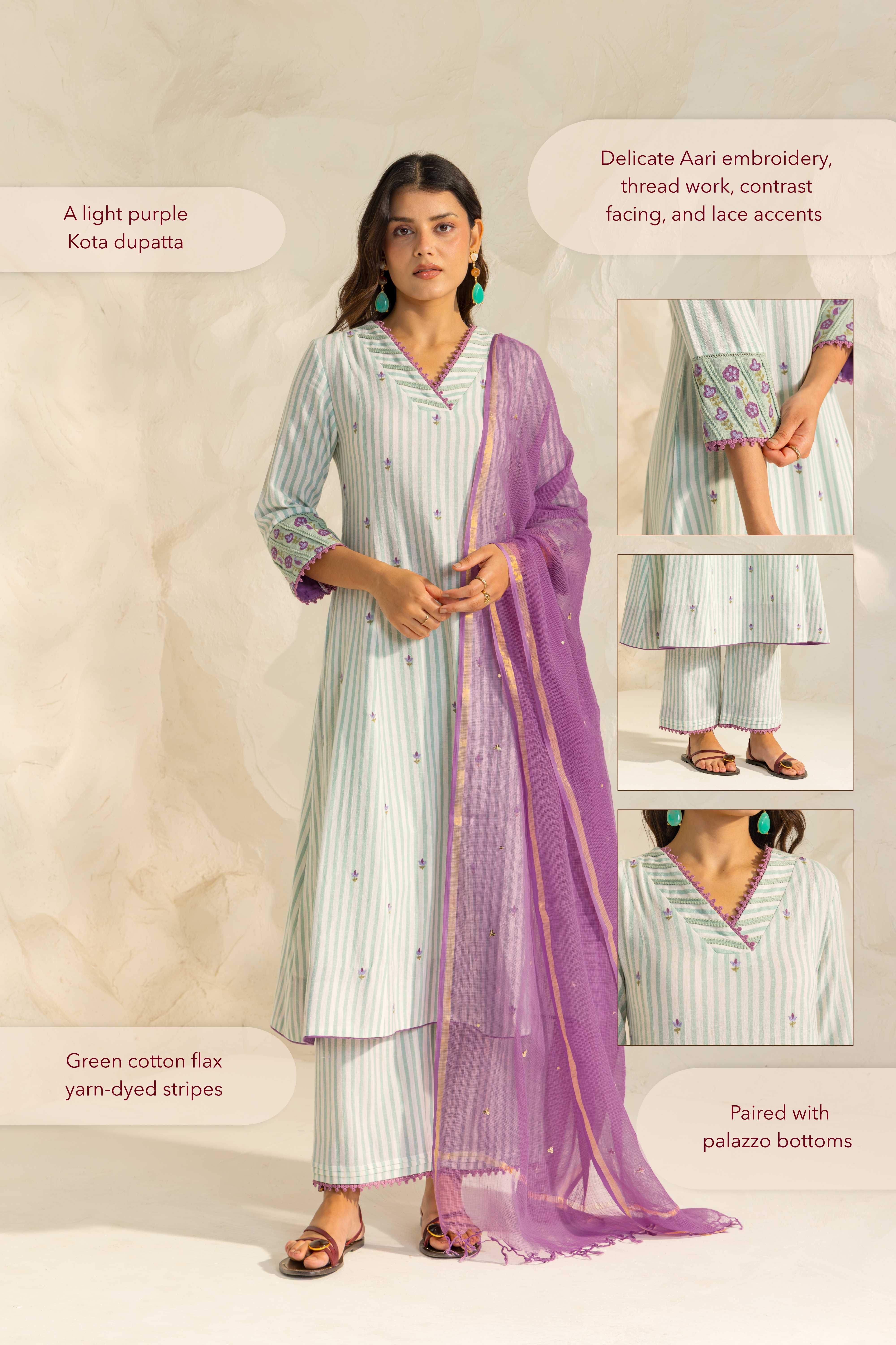 Zareen Green Embroidered Yarn Dyed Handcrafted Kurta Set