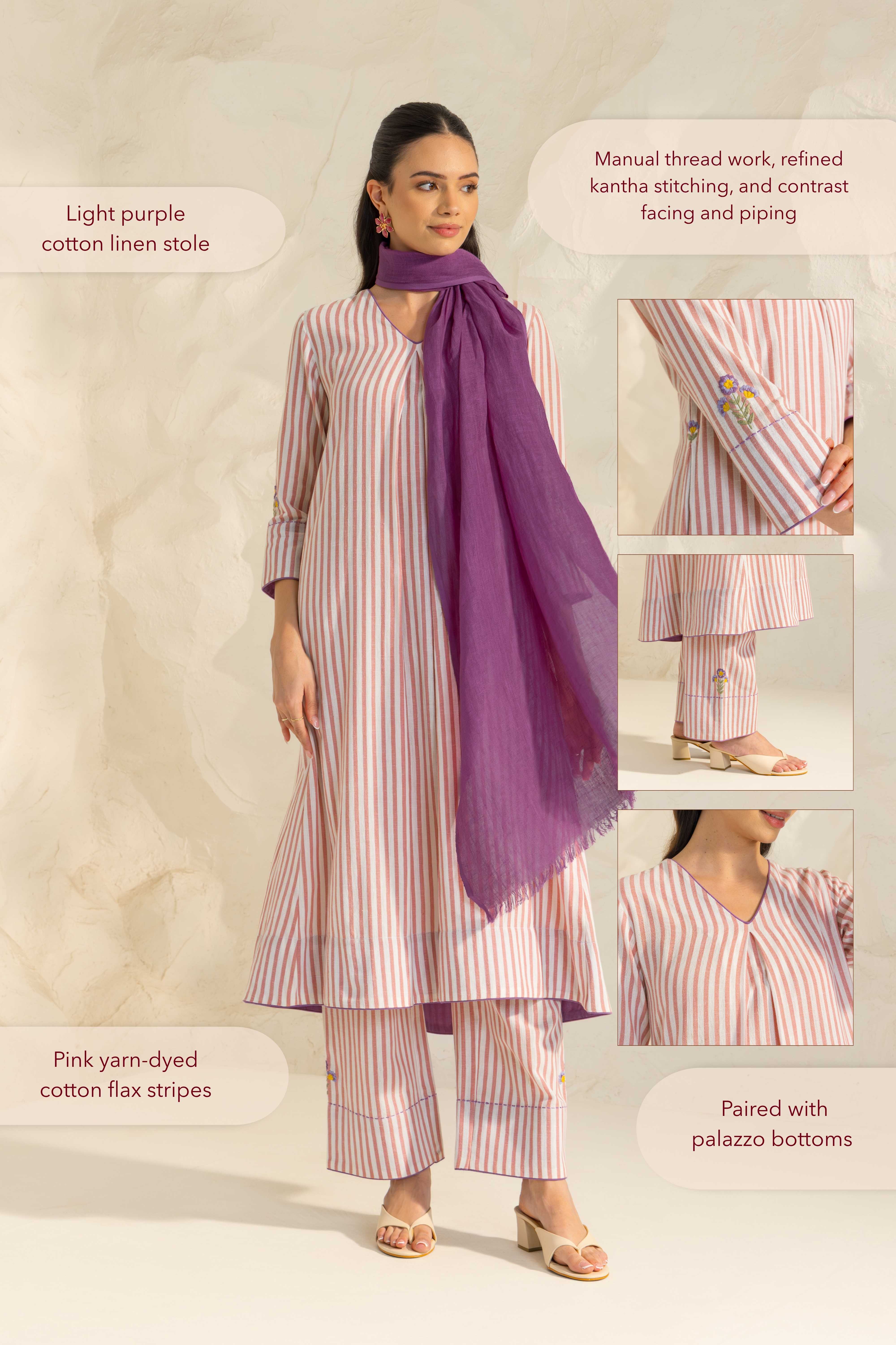 Zaria Pink Embroidered Yarn Dyed Handcrafted Kurta Set