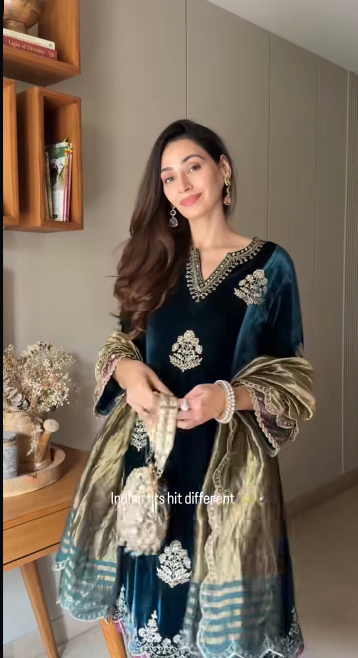 Sonakshi Gandhi in Dilruba Silk Velvet Embroidered Midnight Blue A-Line Kurta Set