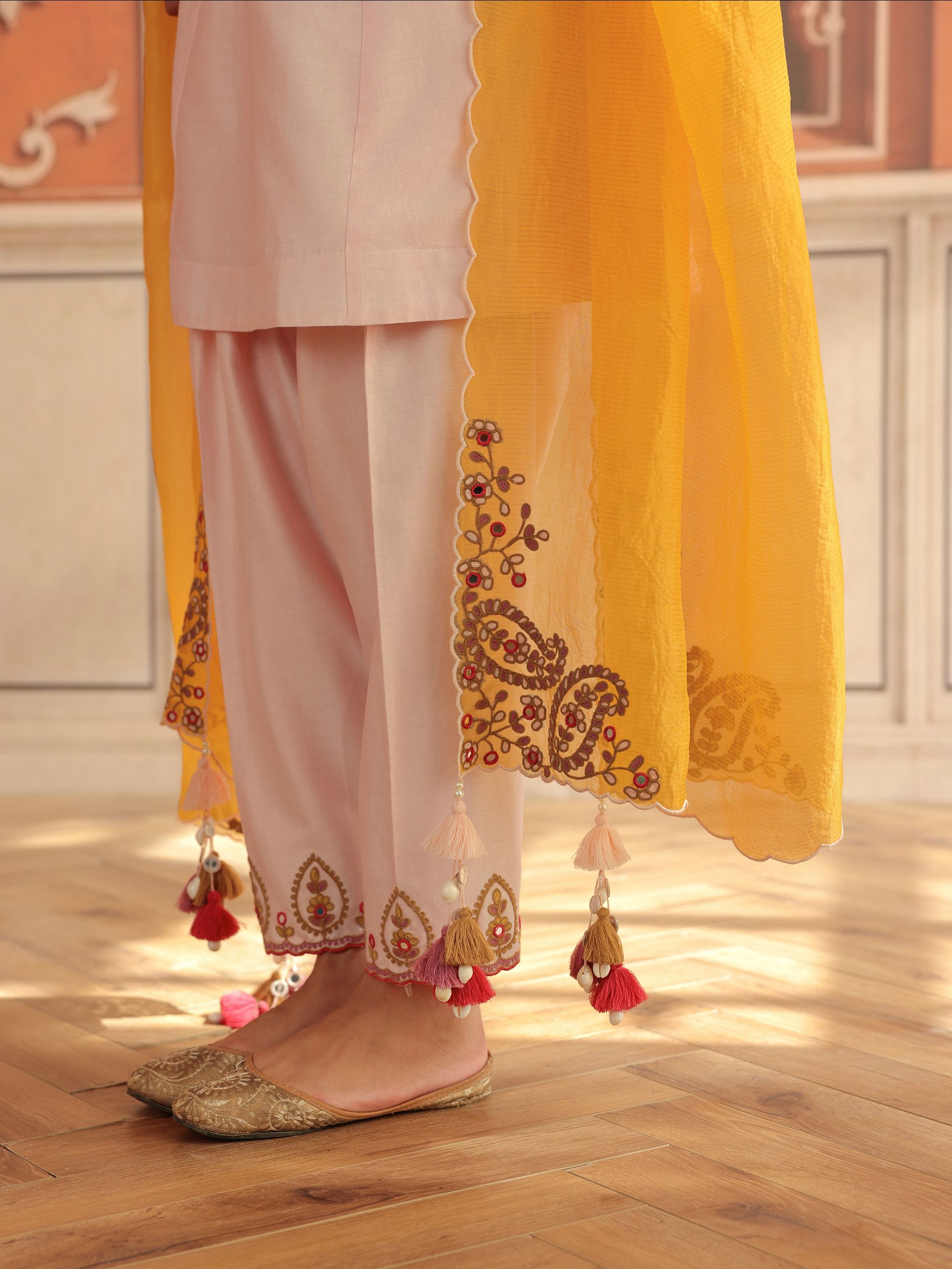 Zora Baby Pink Mirror Work Silk  Chanderi Handcrafted A-Line Kurta Set