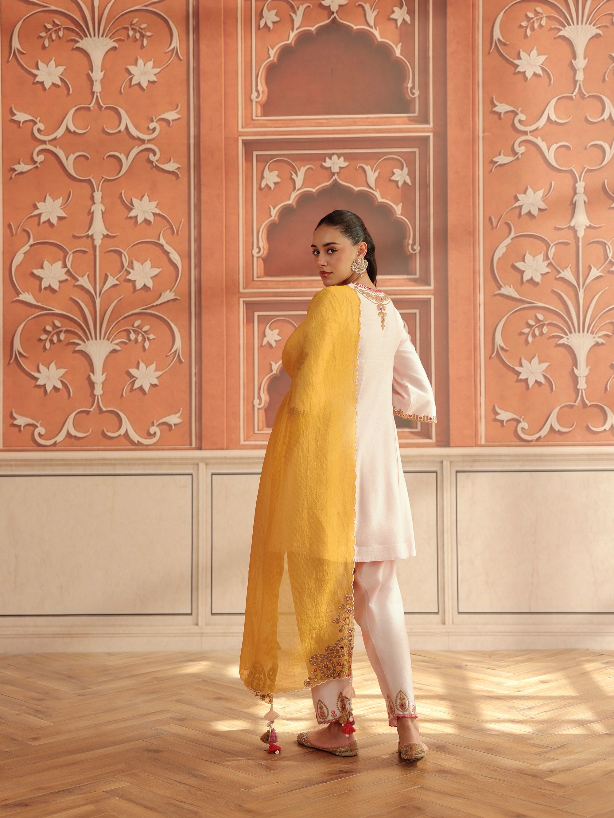 Zora Baby Pink Mirror Work Silk  Chanderi Handcrafted A-Line Kurta Set
