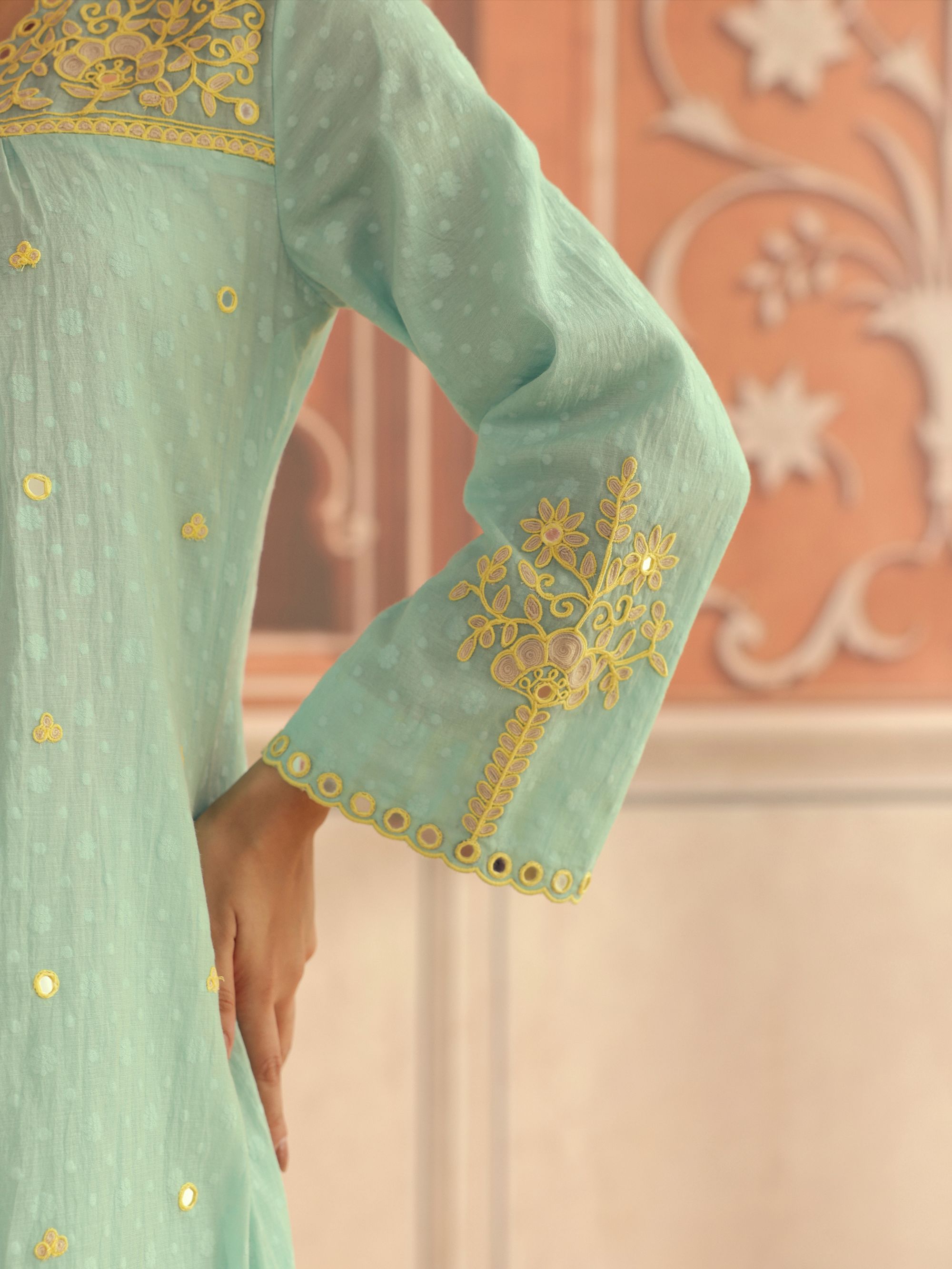 Avena Blue Mirror Work Jacquard Handcrafted Kurta Set