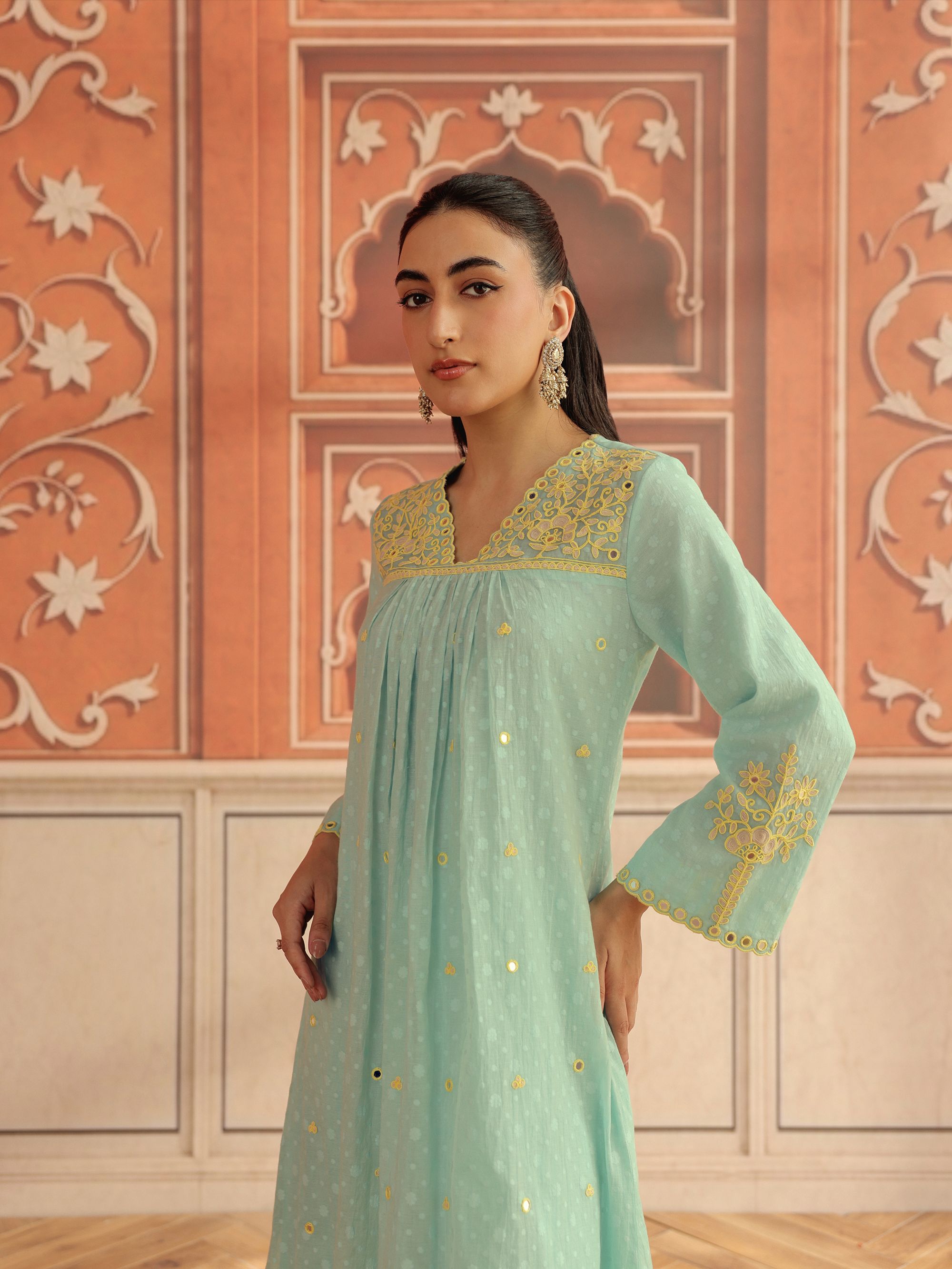 Avena Blue Mirror Work Jacquard Handcrafted Kurta Set