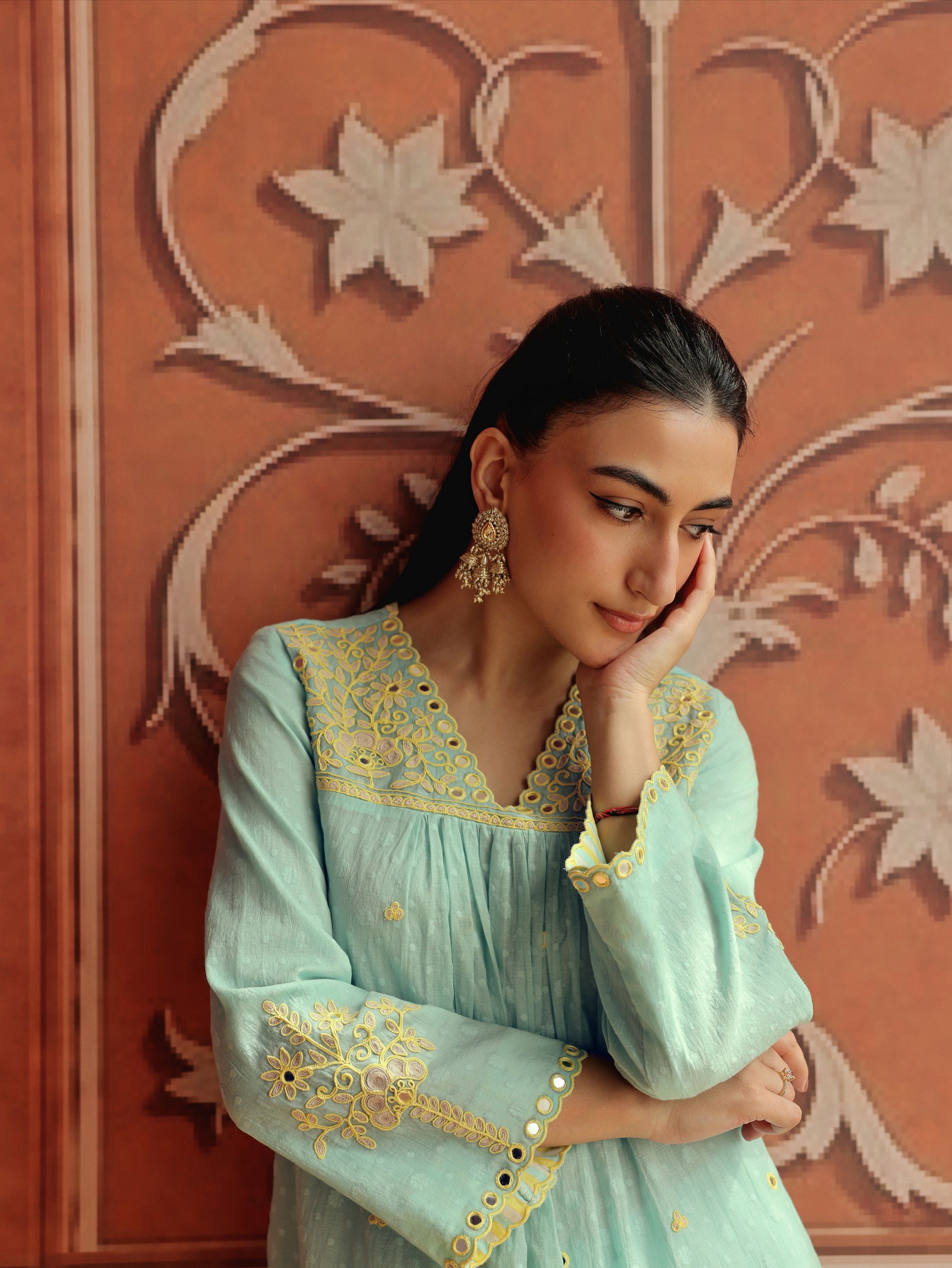Avena Blue Mirror Work Jacquard Handcrafted Kurta Set