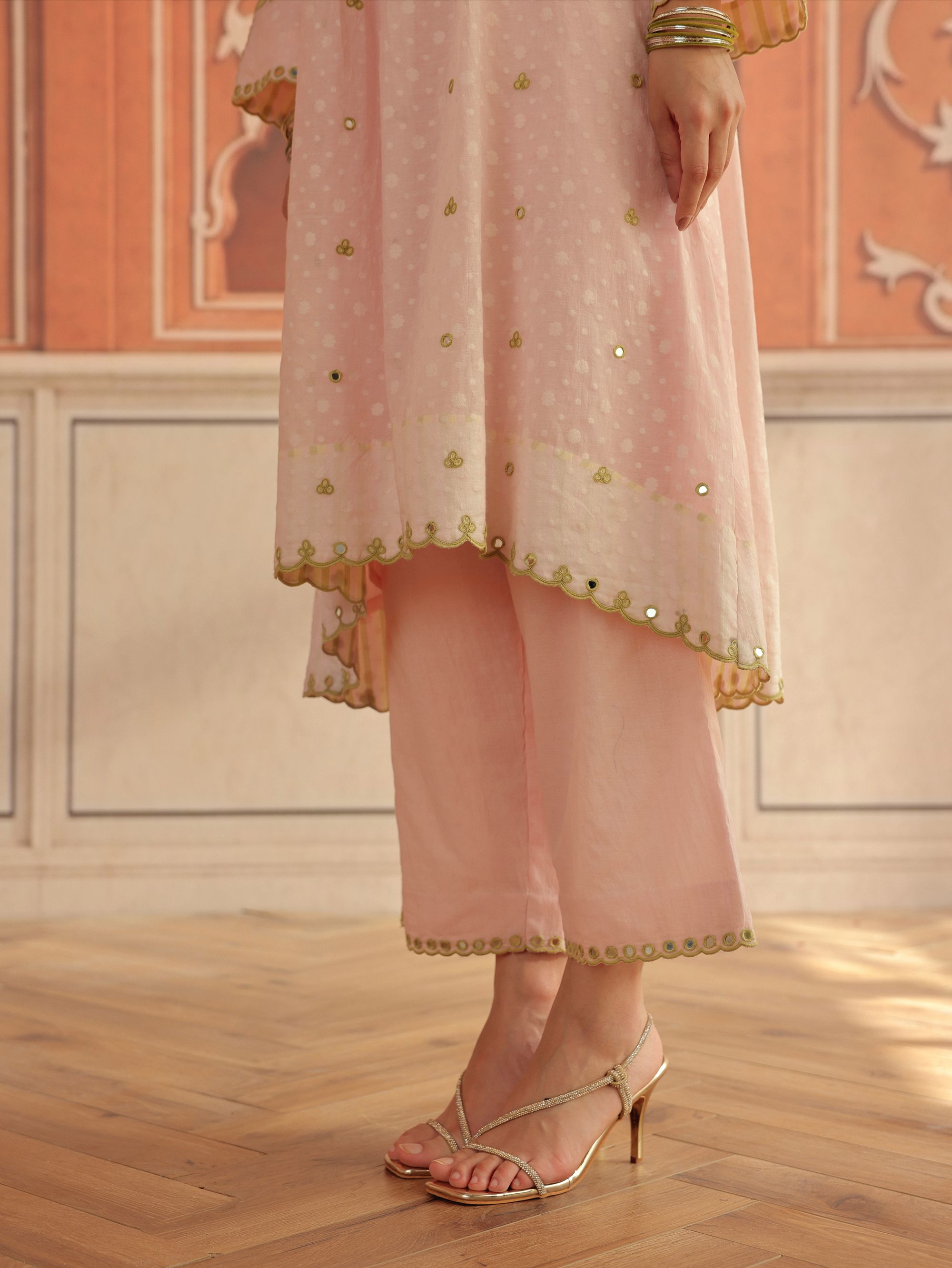 Avena Pink Mirror Work Jacquard Handcrafted Kurta Set