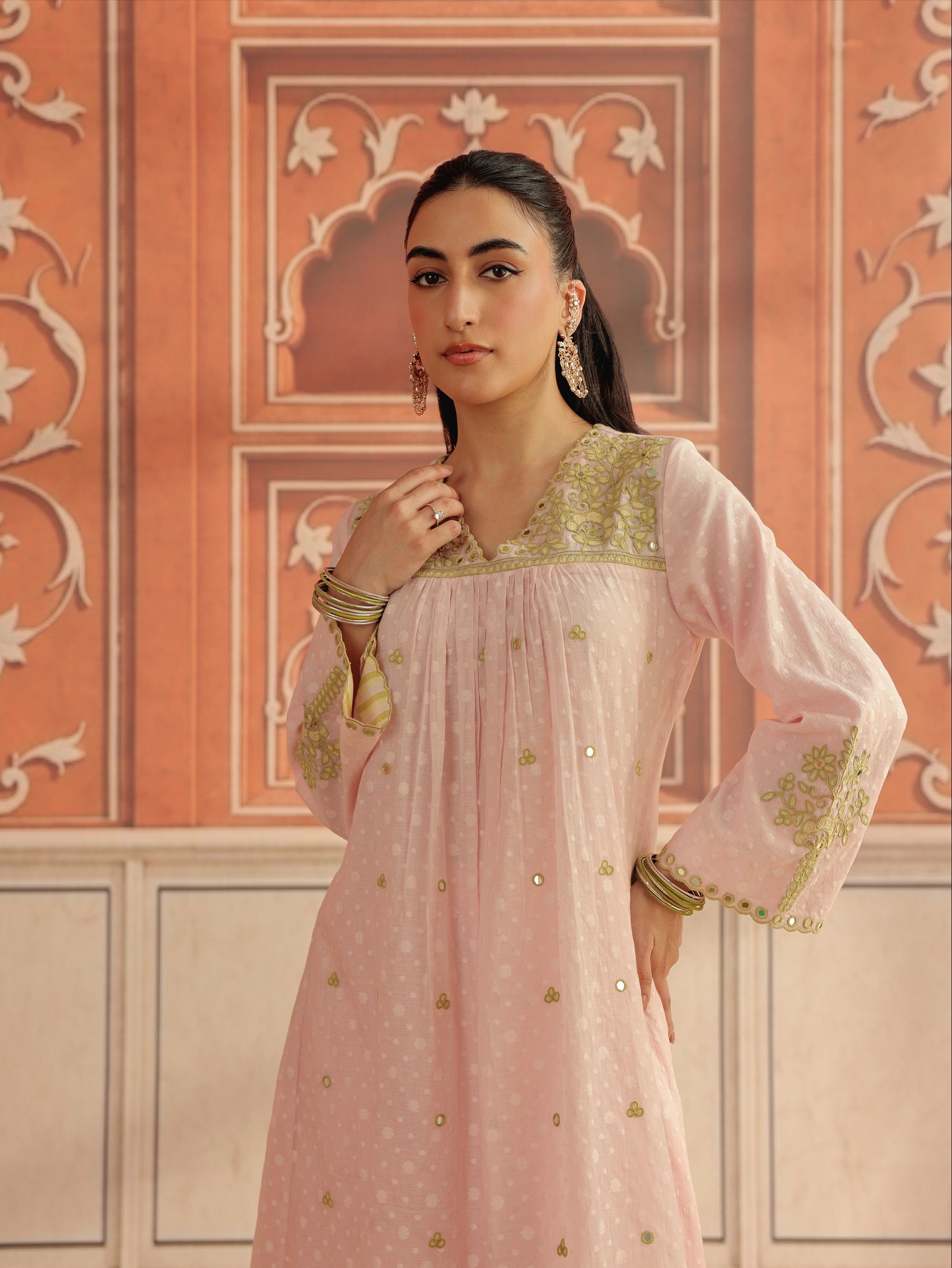 Avena Pink Mirror Work Jacquard Handcrafted Kurta Set