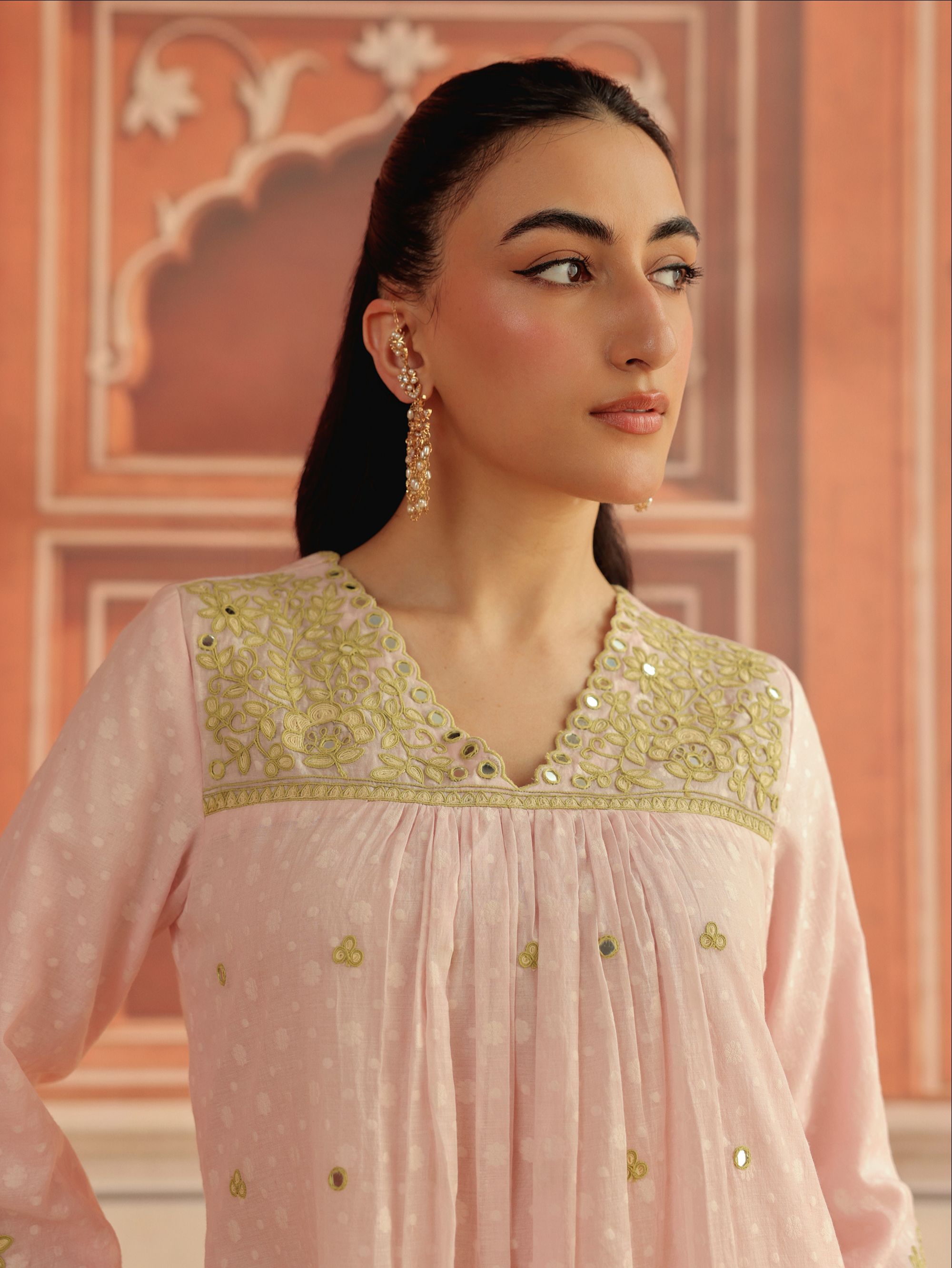 Avena Pink Mirror Work Jacquard Handcrafted Kurta Set