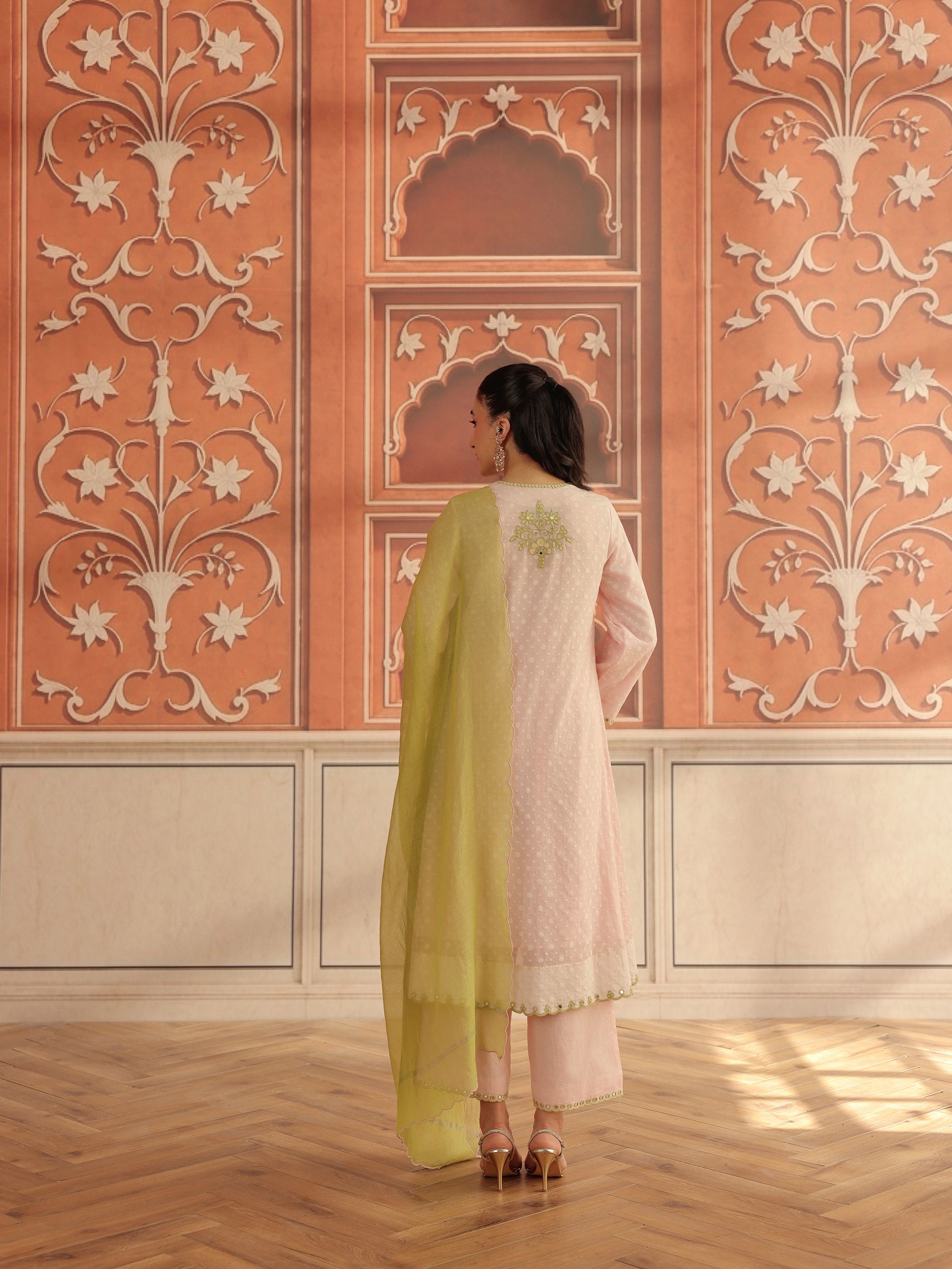 Avena Pink Mirror Work Jacquard Handcrafted Kurta Set