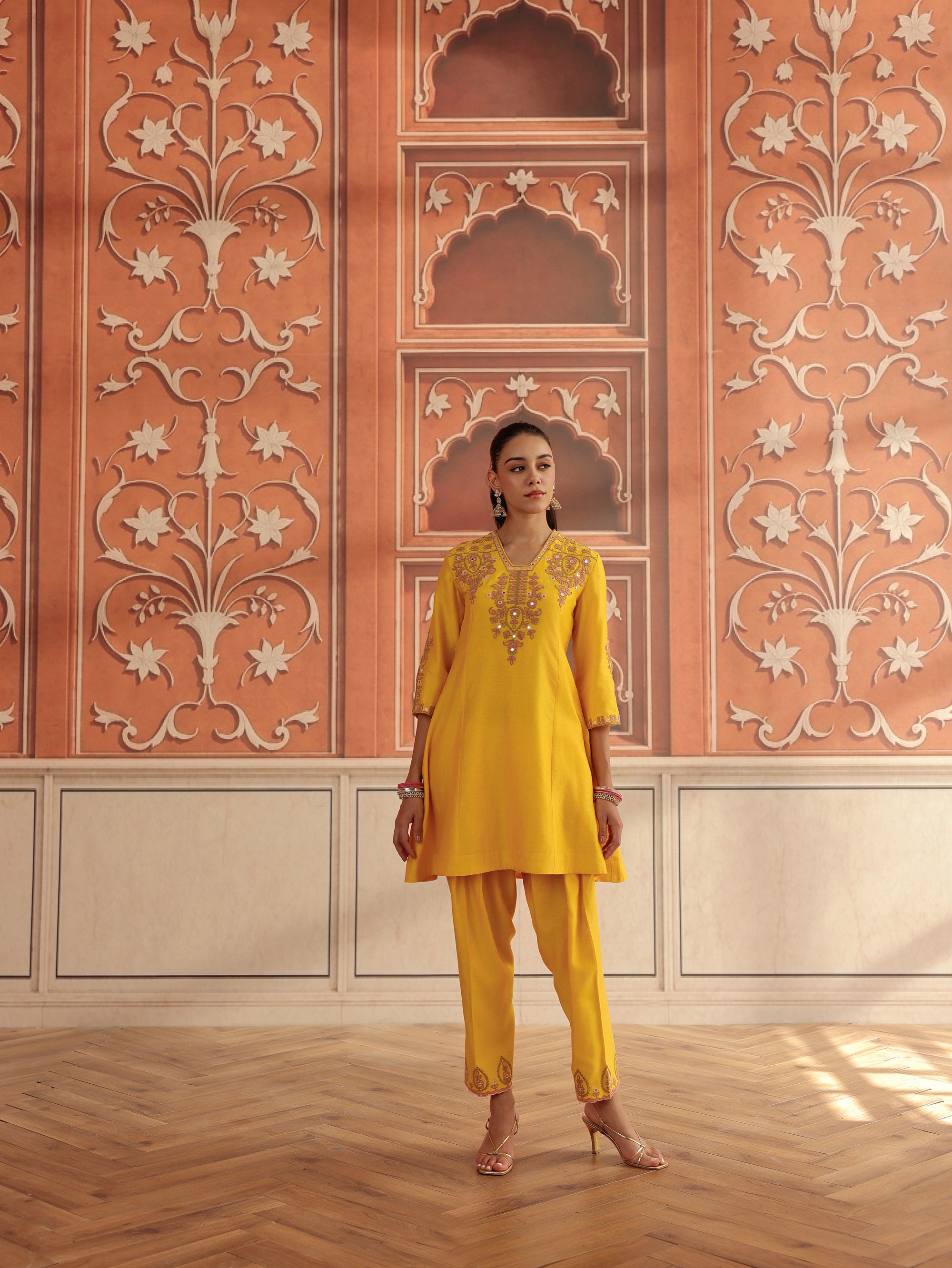 Zora Yellow Mirror Work Silk  Chanderi  Handcrafted A-Line Kurta Set
