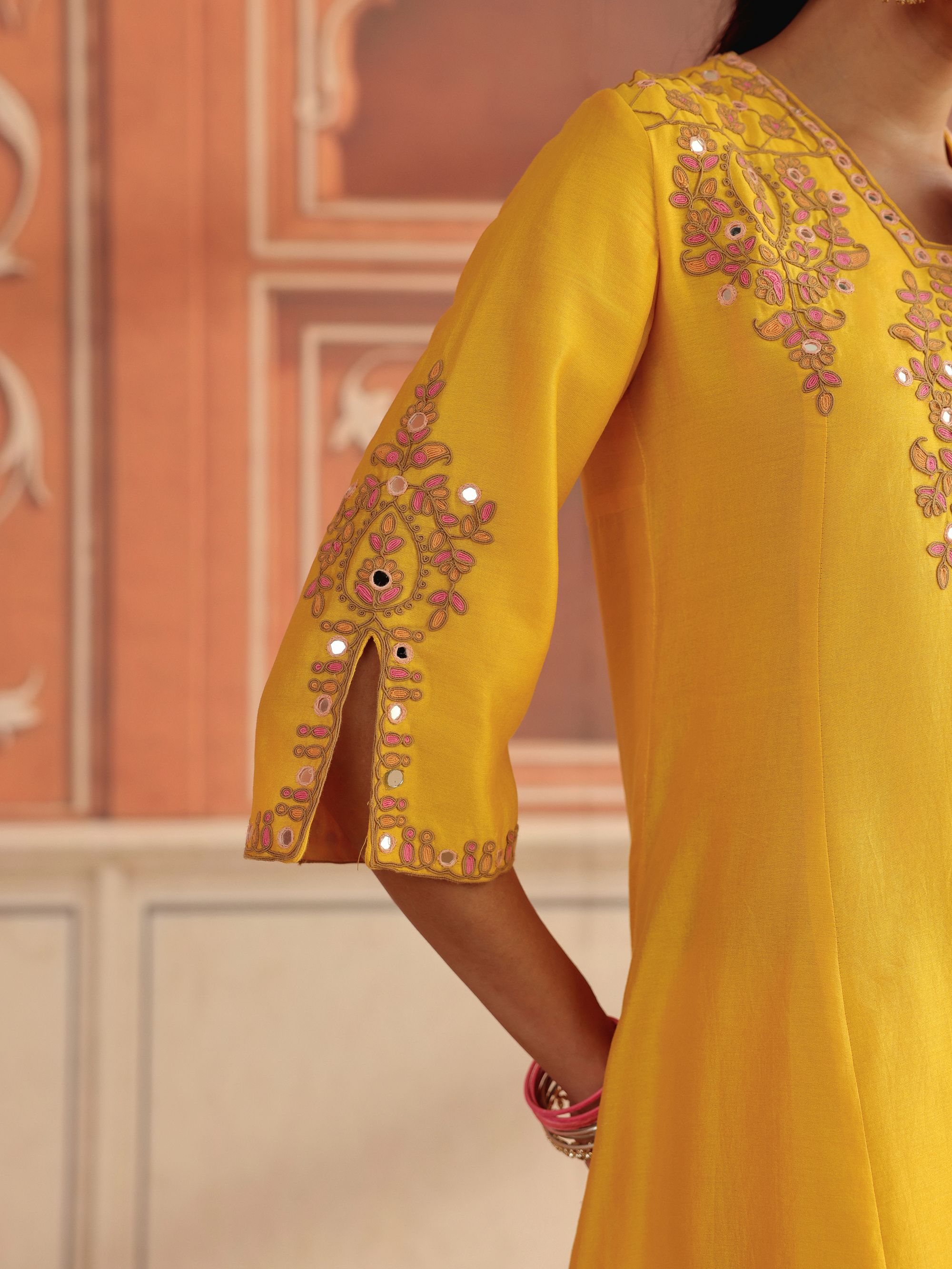 Zora Yellow Mirror Work Silk  Chanderi  Handcrafted A-Line Kurta Set
