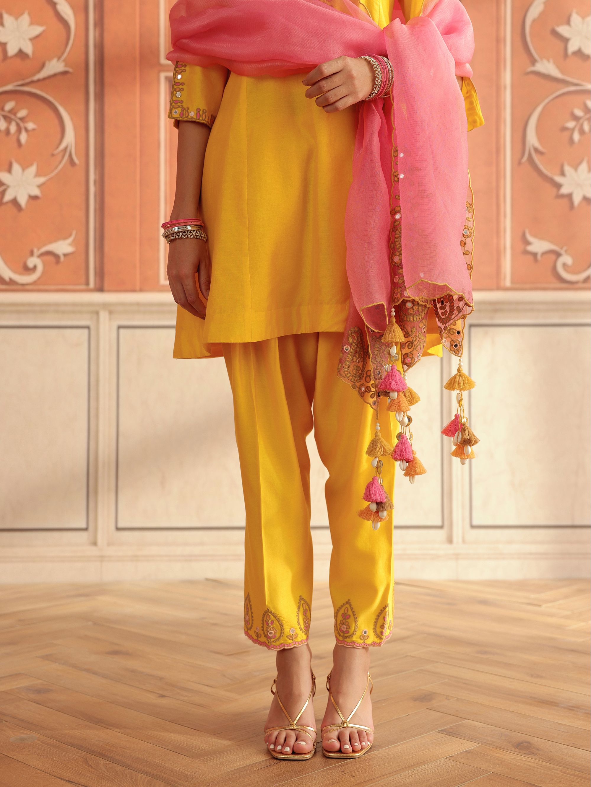 Zora Yellow Mirror Work Silk  Chanderi  Handcrafted A-Line Kurta Set