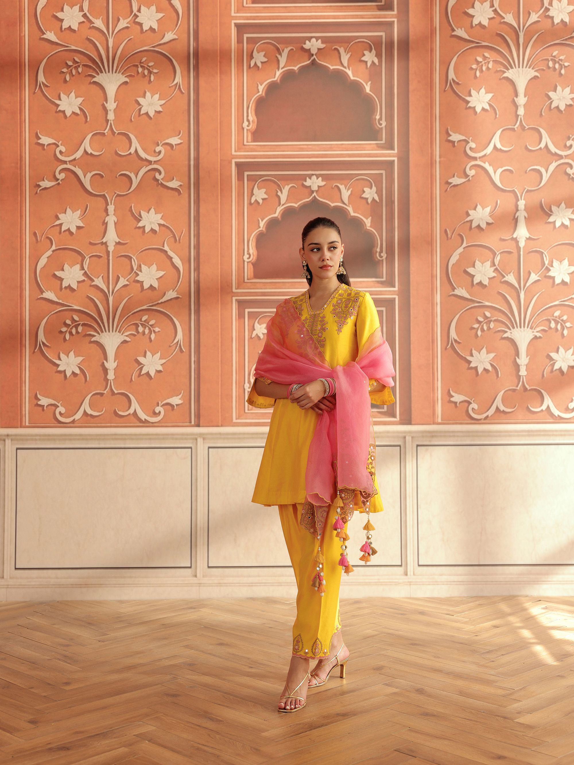 Zora Yellow Mirror Work Silk  Chanderi  Handcrafted A-Line Kurta Set