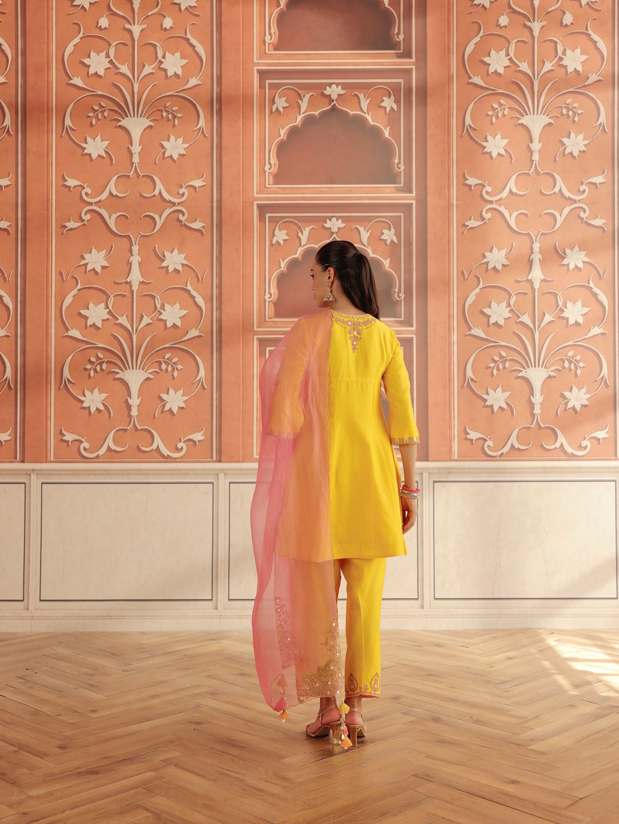 Zora Yellow Mirror Work Silk  Chanderi  Handcrafted A-Line Kurta Set